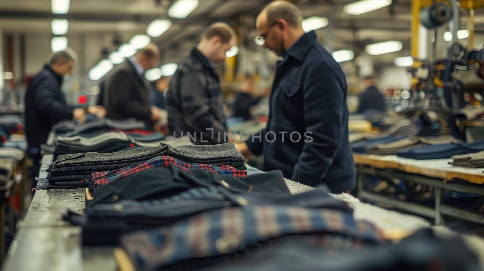 A group of men are busy crafting outerwear in a textile factory by natali_brill
