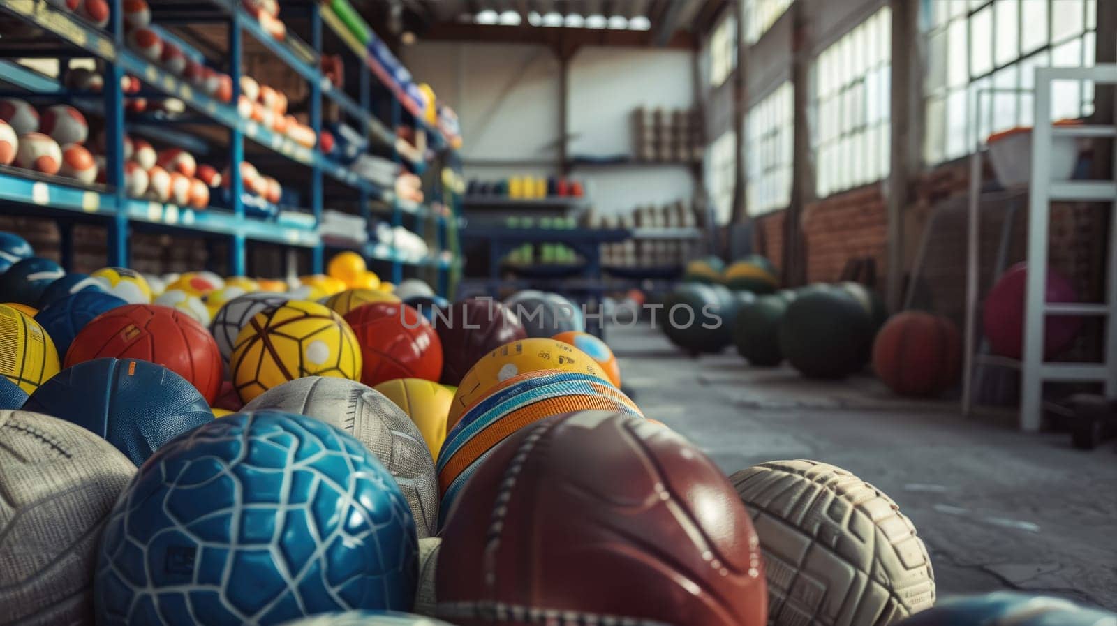 Sports equipment warehouse. Balls and other equipment stacked on metal racks AI