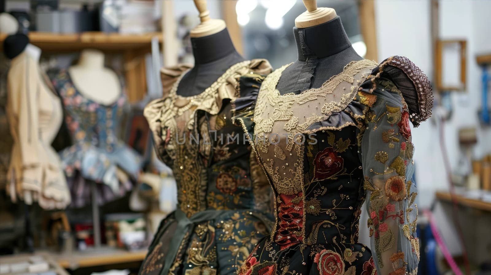 Mannequin in a retail store is showcasing a fashion design of a dress with floral patterns. Rental of retro festive dresses AI