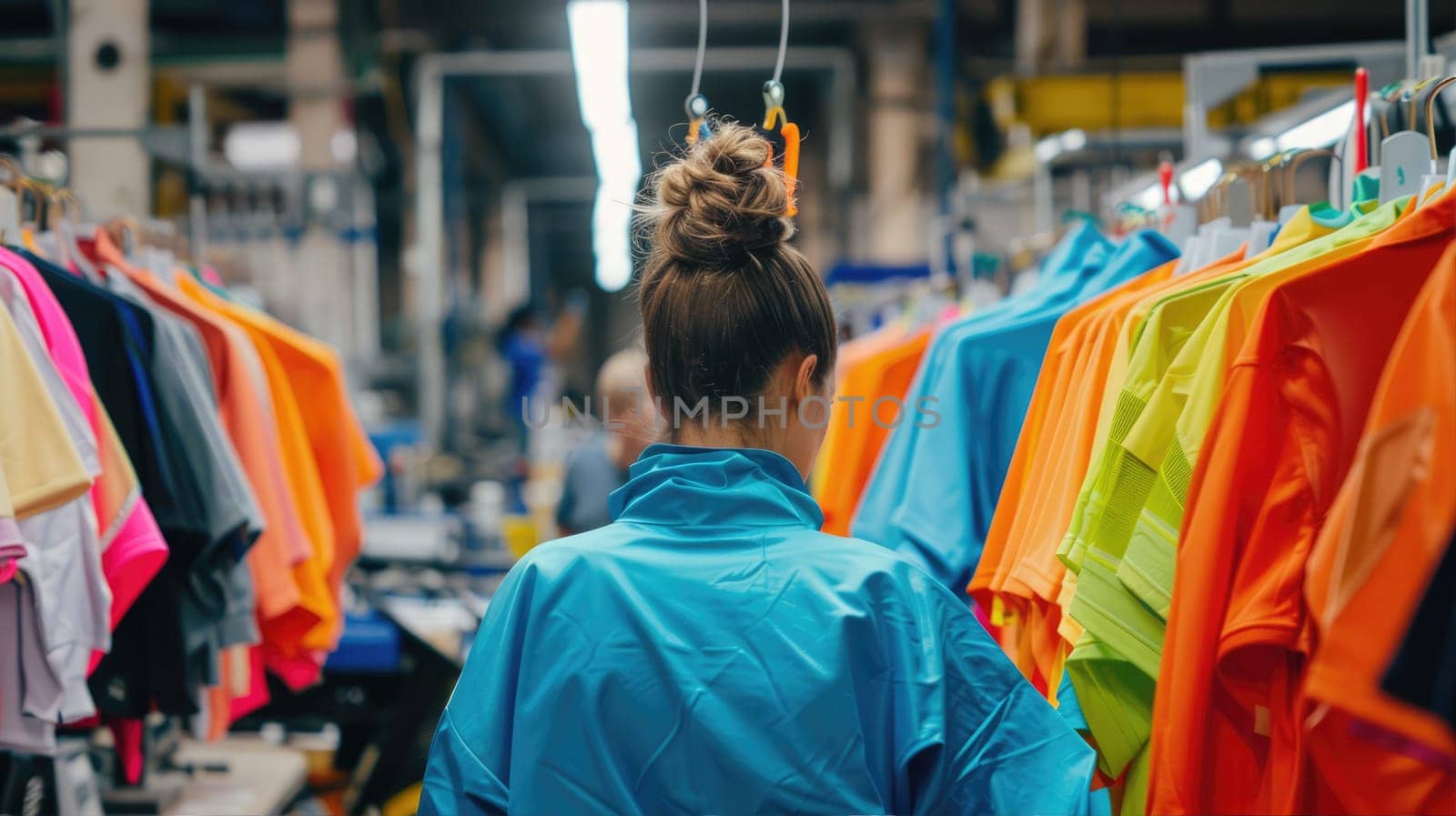 A woman is shopping for colorful shirts in a retail store in the city. AI