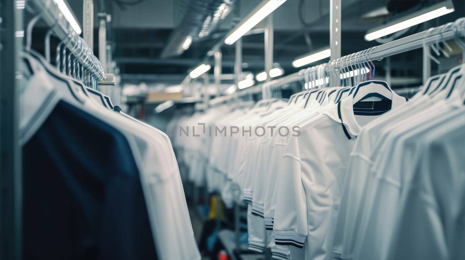 A warehouse filled with lots of clothes including white shirts AI