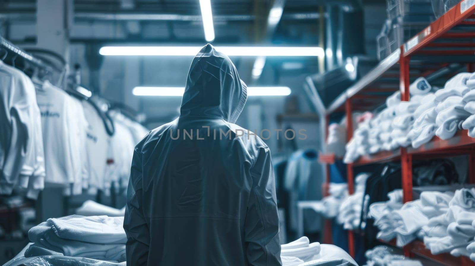 A male worker at a large laundry store in a warehouse with clean clothes. AI
