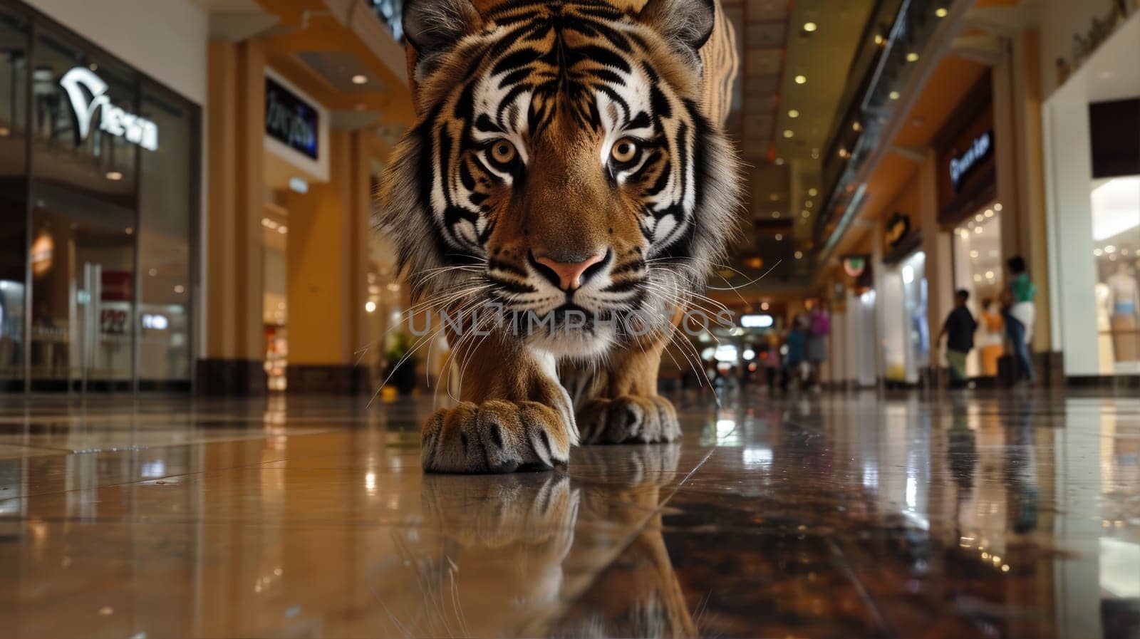 Bengal tiger with whiskers roaming mall by natali_brill