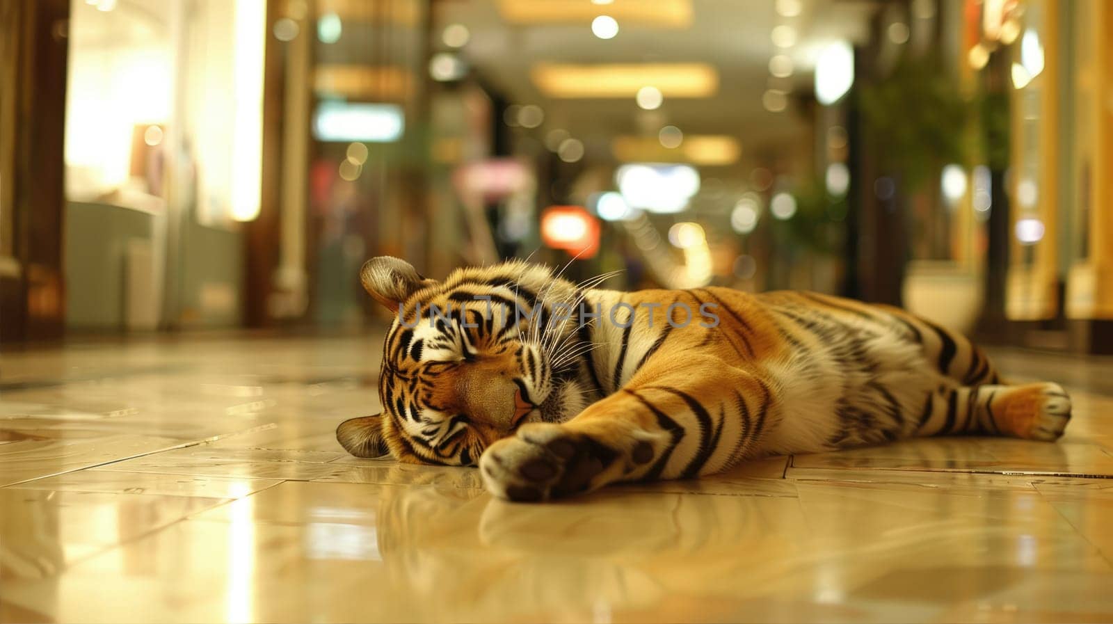 Bengal tiger is resting in a mall. AI