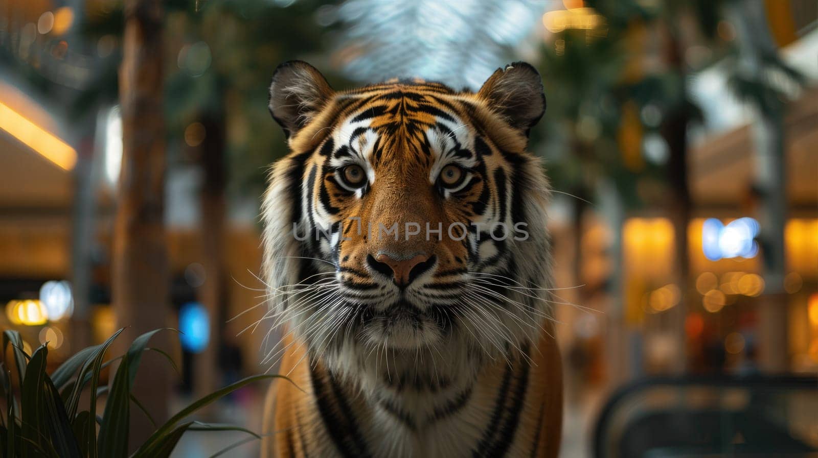 Bengal tiger with whiskers roaming mall AI