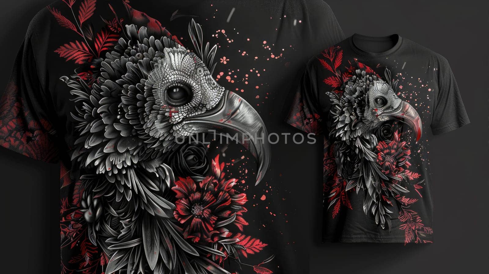Gray t-shirt with stunning bird print and color. Print for T-shirt, clothing production AI
