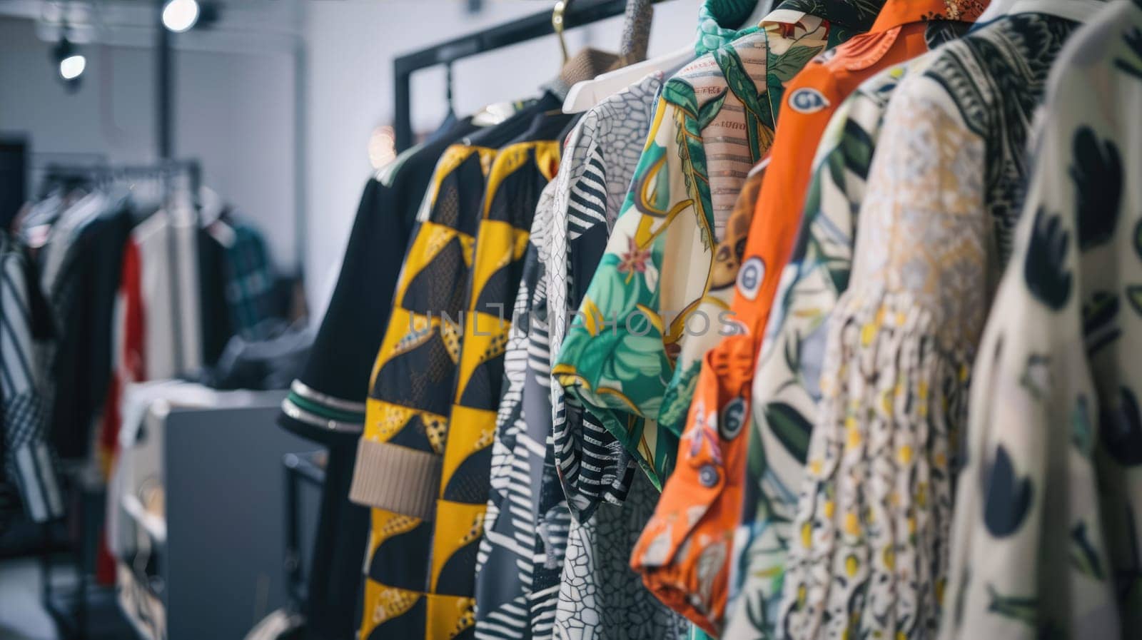 An array of textiles with intricate patterns and unique sleeve designs hang on display at a boutique, showcasing the art and creativity of fashion design AI