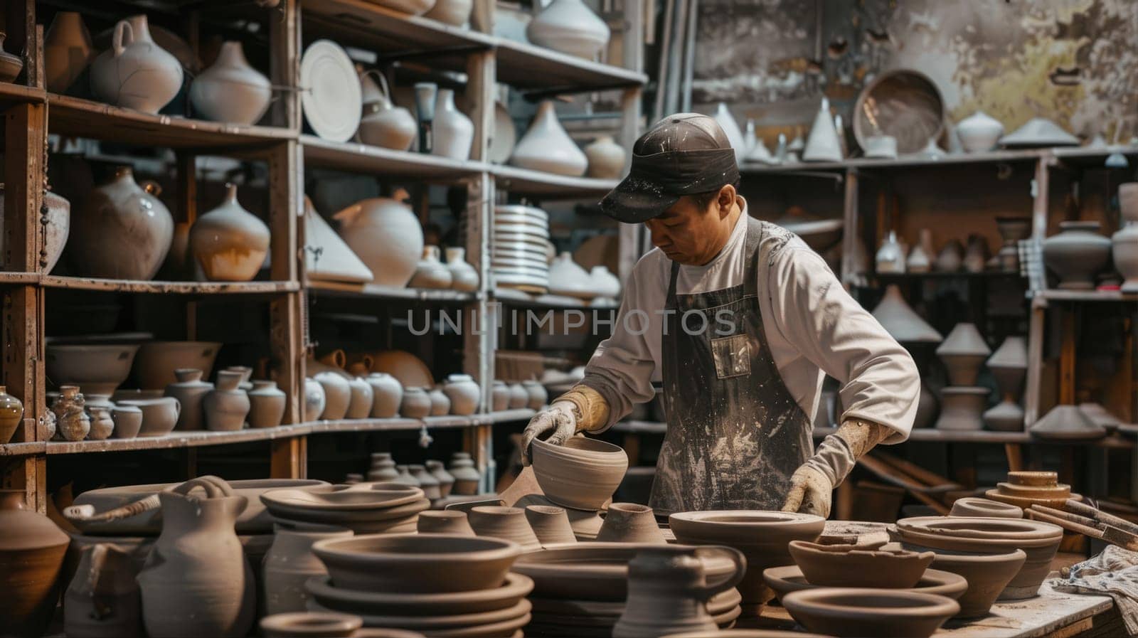 A man is shaping a pot on a wheel in a pottery shop. He uses clay to create earthenware serveware for the retail market AI