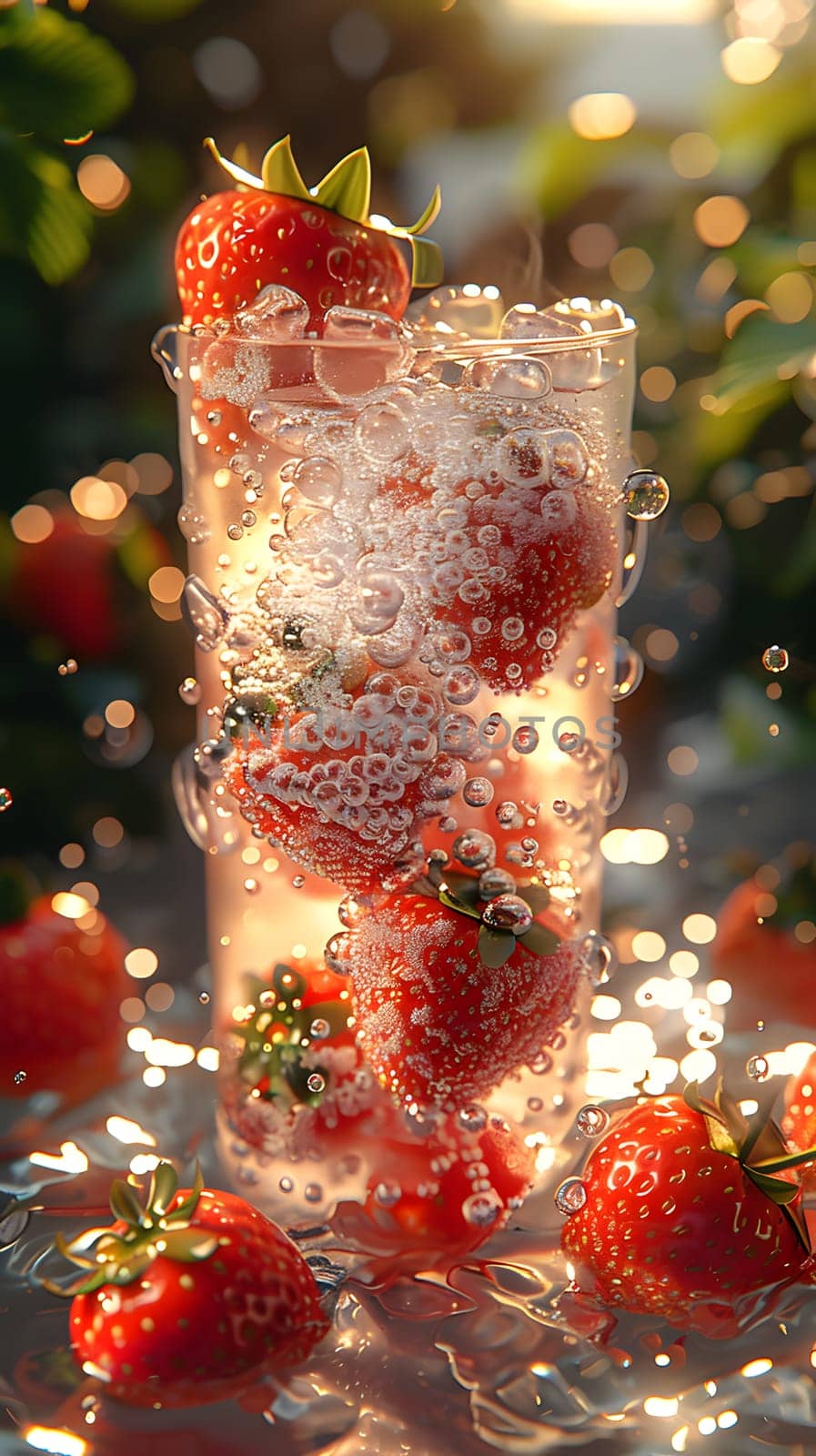 Berries from a terrestrial plant are plunging into a glass of water with bubbles, resembling a Christmas ornament. A perfect ingredient for a festive recipe
