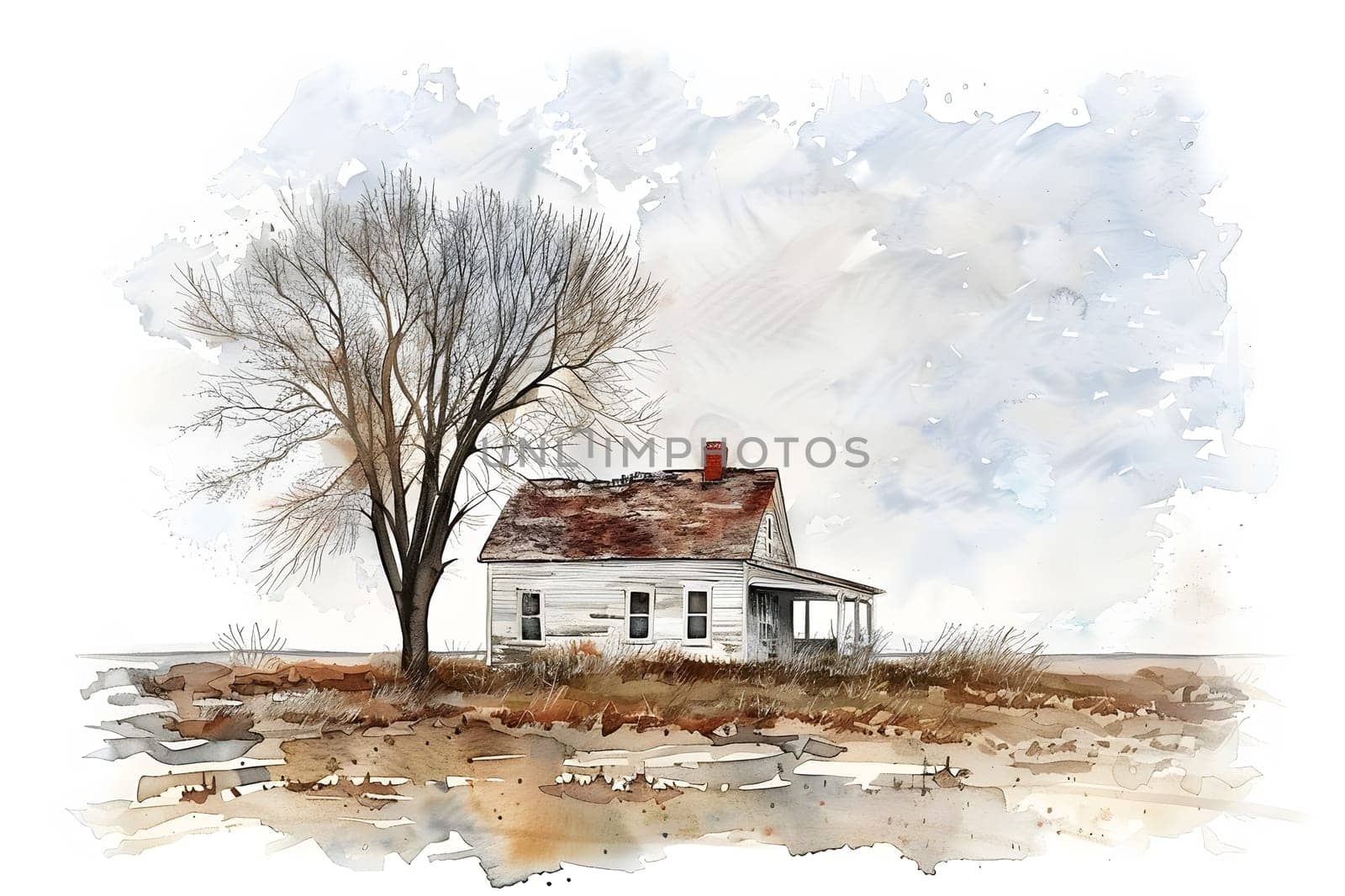 A watercolor painting of a quaint old white house surrounded by a lush tree in the foreground, set against a serene natural landscape with a blue sky in the background