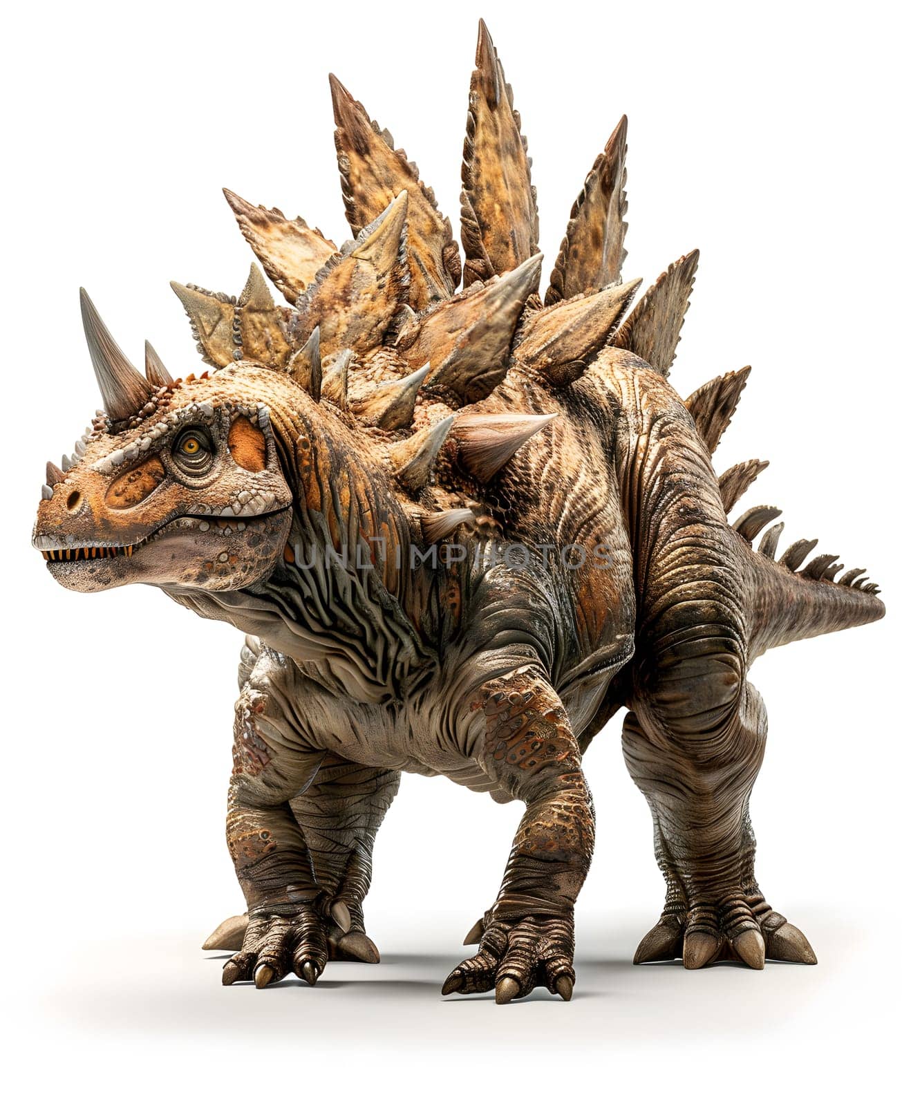 Dinosaur toy with horns, resembling Ankylosaurus, on white background by Nadtochiy