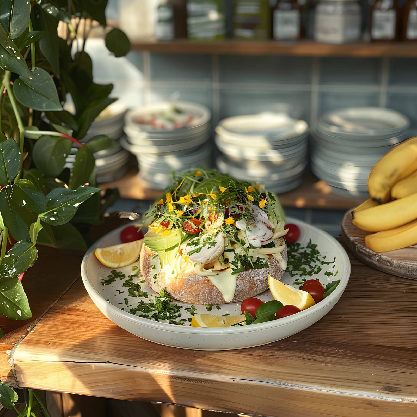 A dish of plantainbased food presented on a wooden table, with Saba bananas in the background as part of the ingredients for the recipe