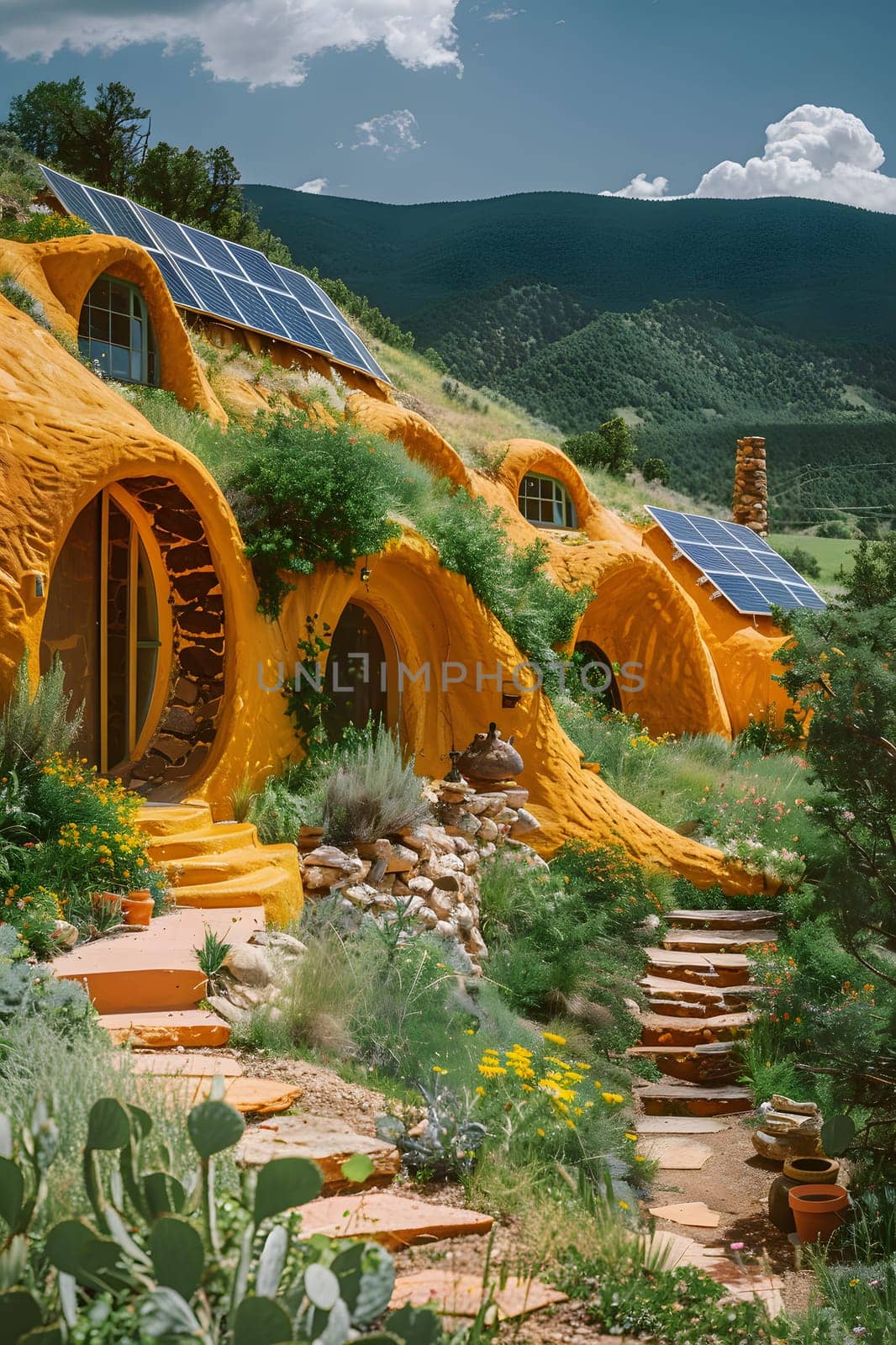 A row of yellow houses on a hill with solar panels blending into the natural landscape, surrounded by a plant community in an ecoregion with clear skies and mountains in the distance
