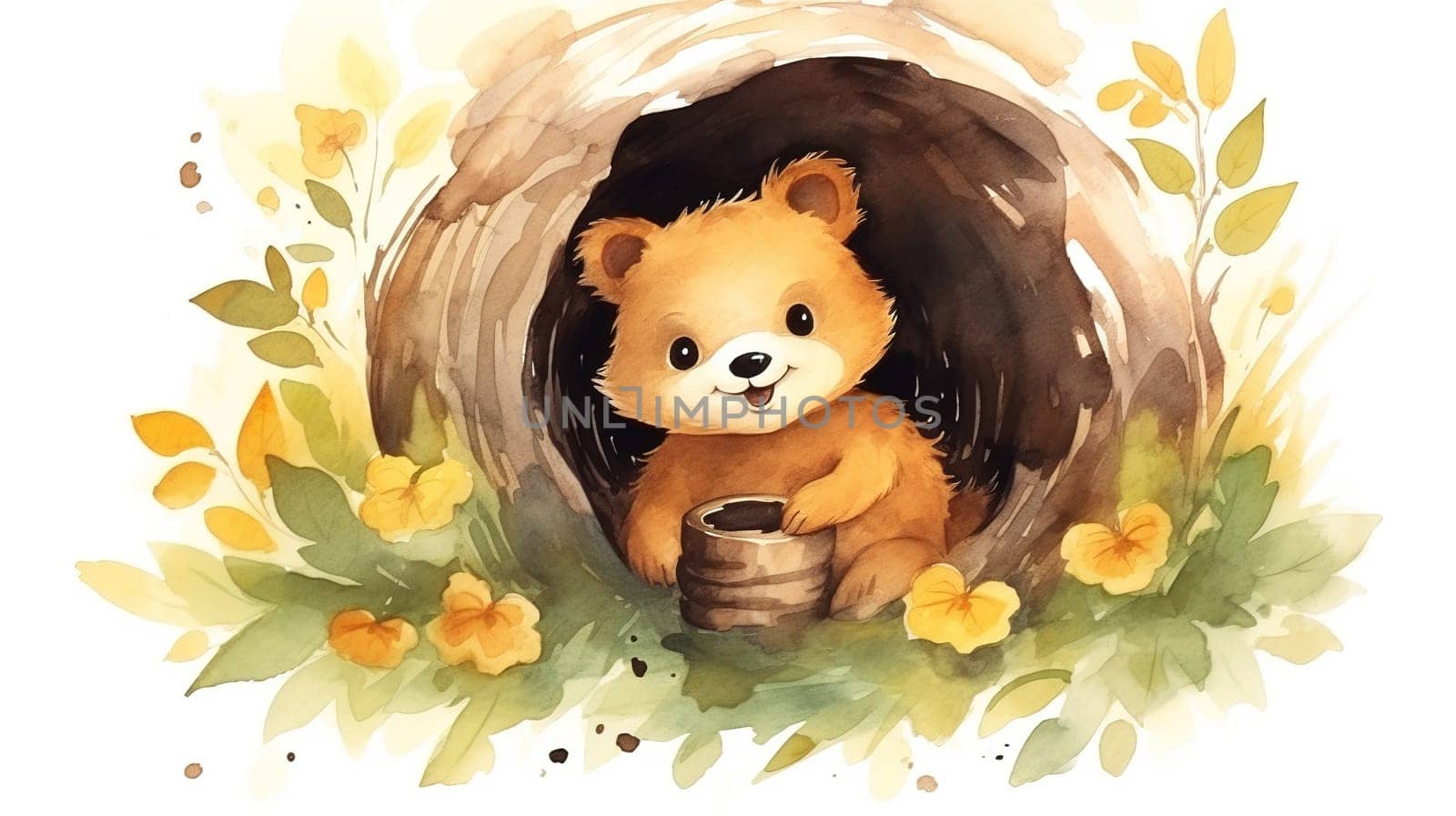 cheerful yellowish-brown teddy bear sits on a log and eats honey from a wooden birch bowl,autumn honey harvest forest dwellers cartoon character,Genereated AI