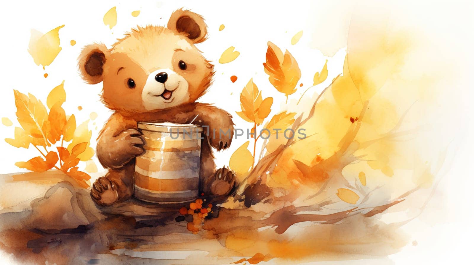 cheerful yellowish-brown teddy bear sits on a log and eats honey from a wooden birch bowl,autumn honey harvest forest by KaterinaDalemans