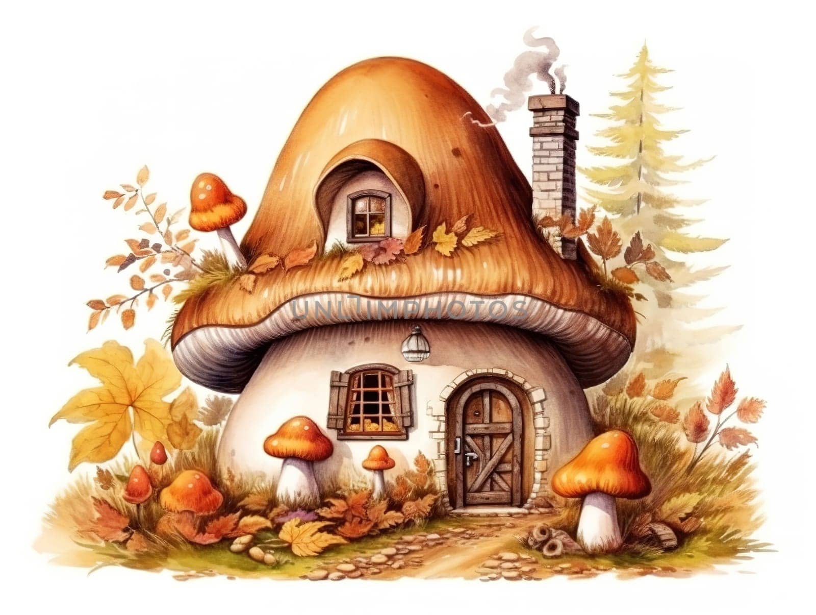 fairy house in the shape of a mushroom with a brown roof similar to the cap of a porcini mushroom, housing for fairies in the forest with a door and windows, a mysterious forest dweller,Generated AI
