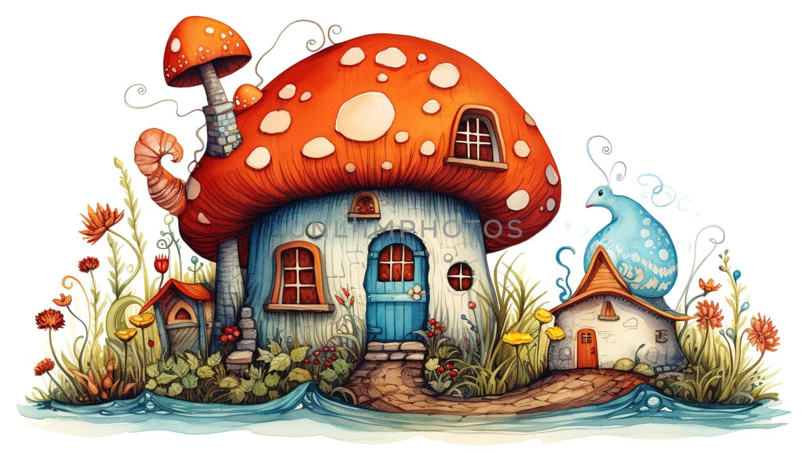 fairy house in the shape of a mushroom with a red roof similar to a fly agaric mushroom cap, for fairies in the forest, with a door and windows, a mysterious forest dweller,Generated AI