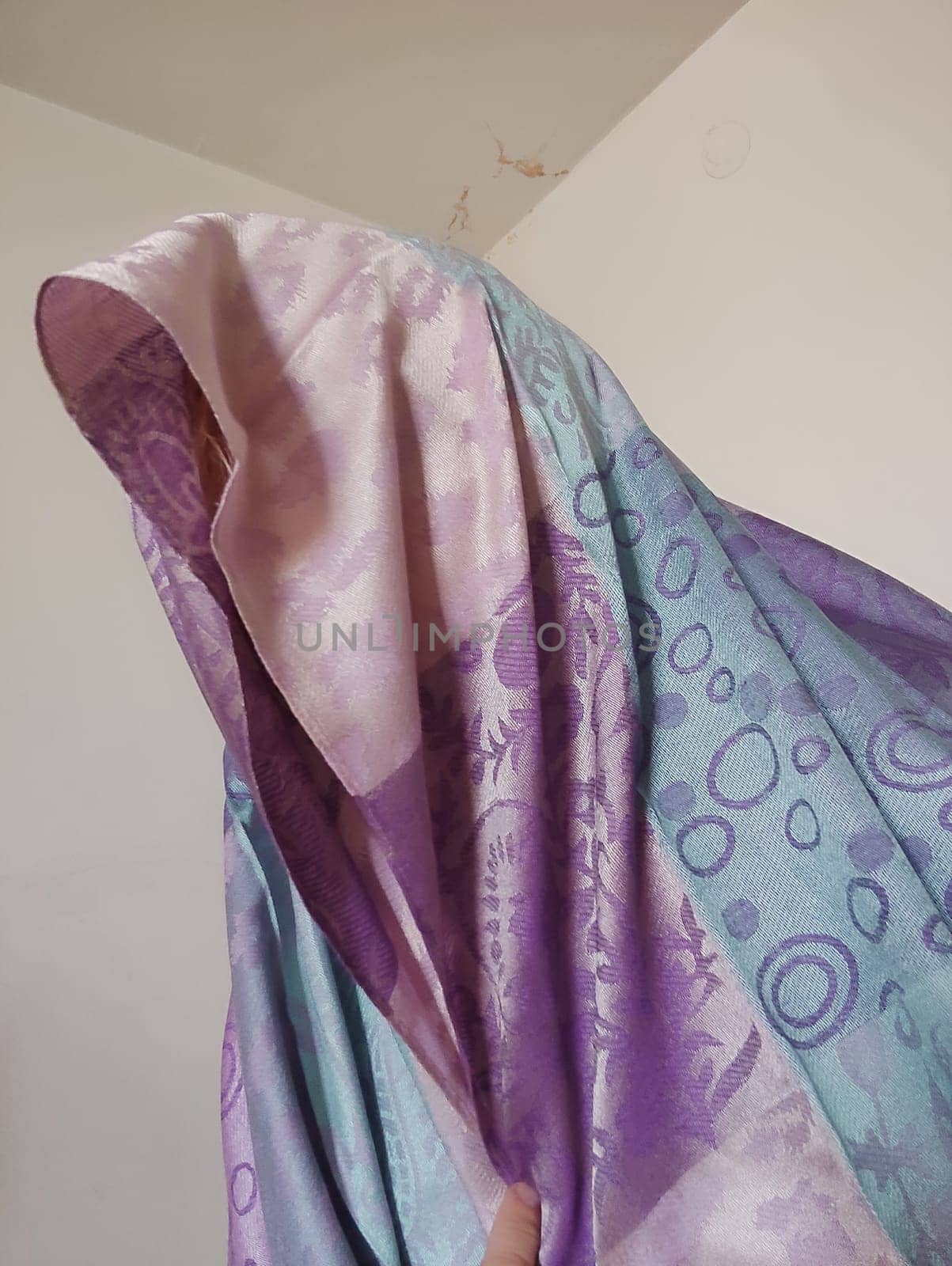 pink blue purple silk scarf on head, clothing fabric by Ply