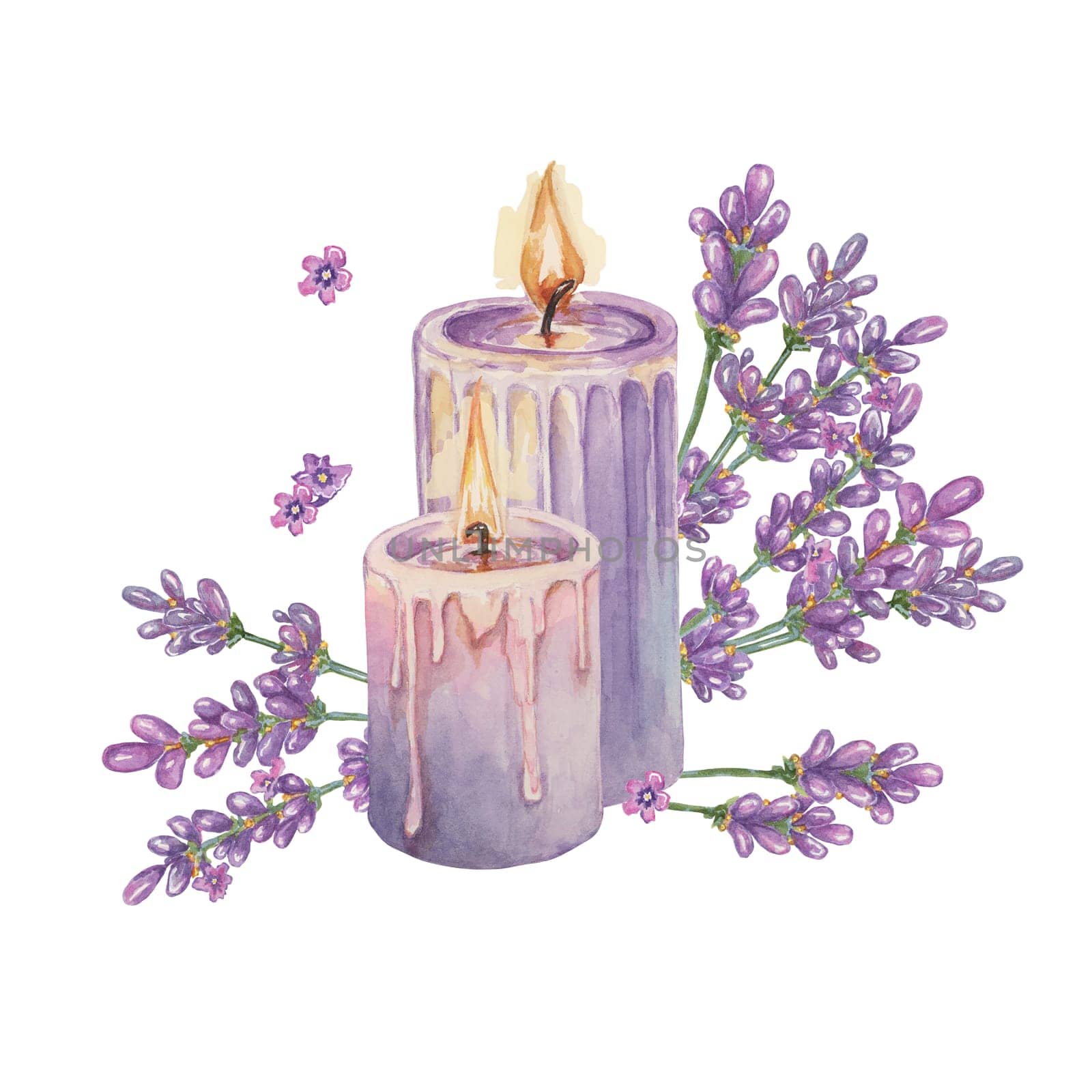Lavender and lilac wax candles for home fragrance. Home spa aromatherapy relaxing watercolor illustration. Hand drawn clipart for beauty, cosmetics, labels, organic products, wellness and packaging