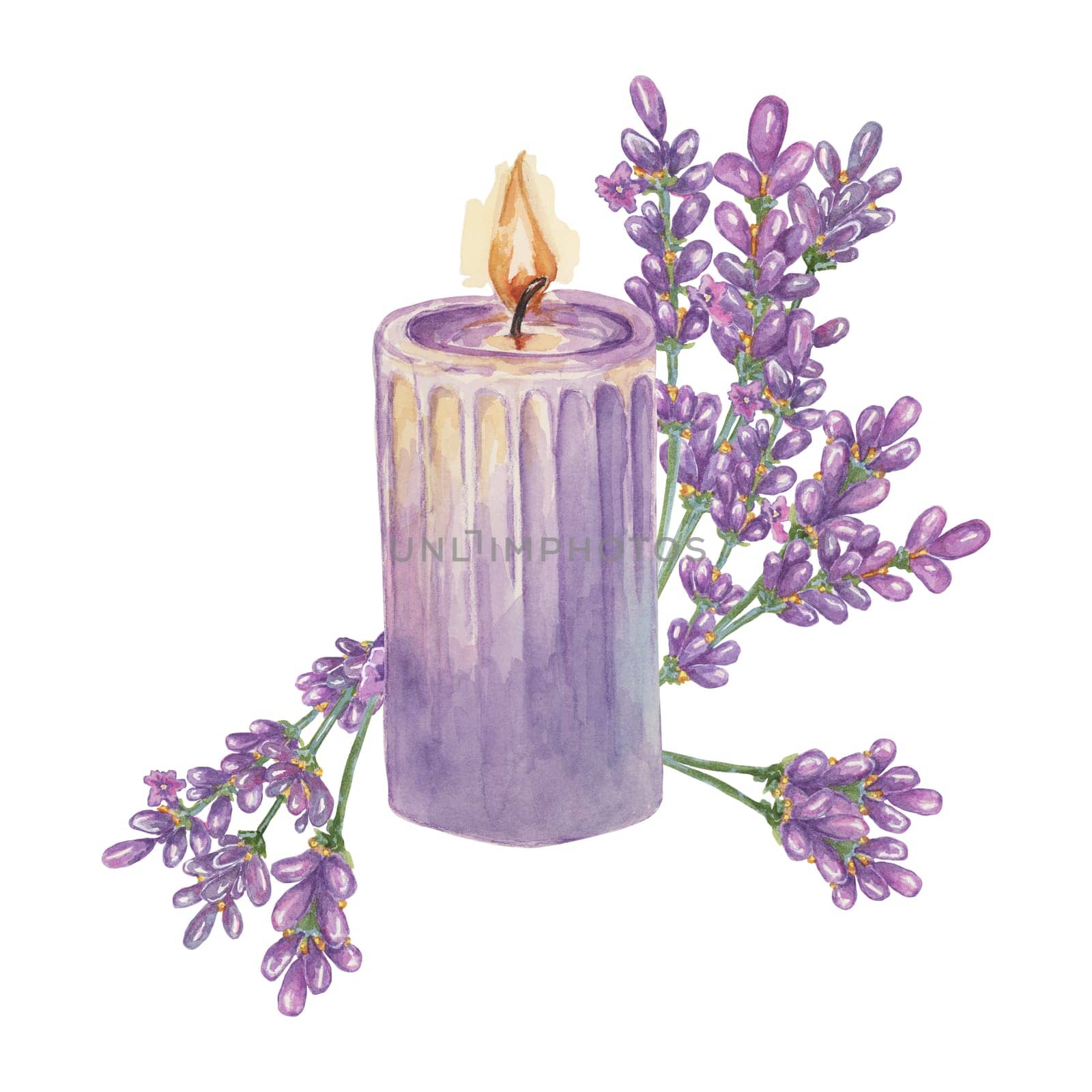 Lavender wax candle for home fragrance. Home spa aromatherapy watercolor illustration. Hand drawn clipart for beauty, cosmetics, wellness products by Fofito
