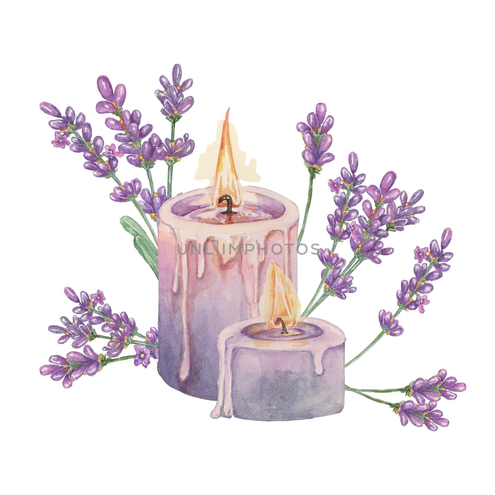 Lavender and melting wax candle for home fragrance. Home spa aromatherapy relaxing watercolor illustration. Hand drawn clipart for beauty, cosmetics, labels, organic products, wellness and packaging