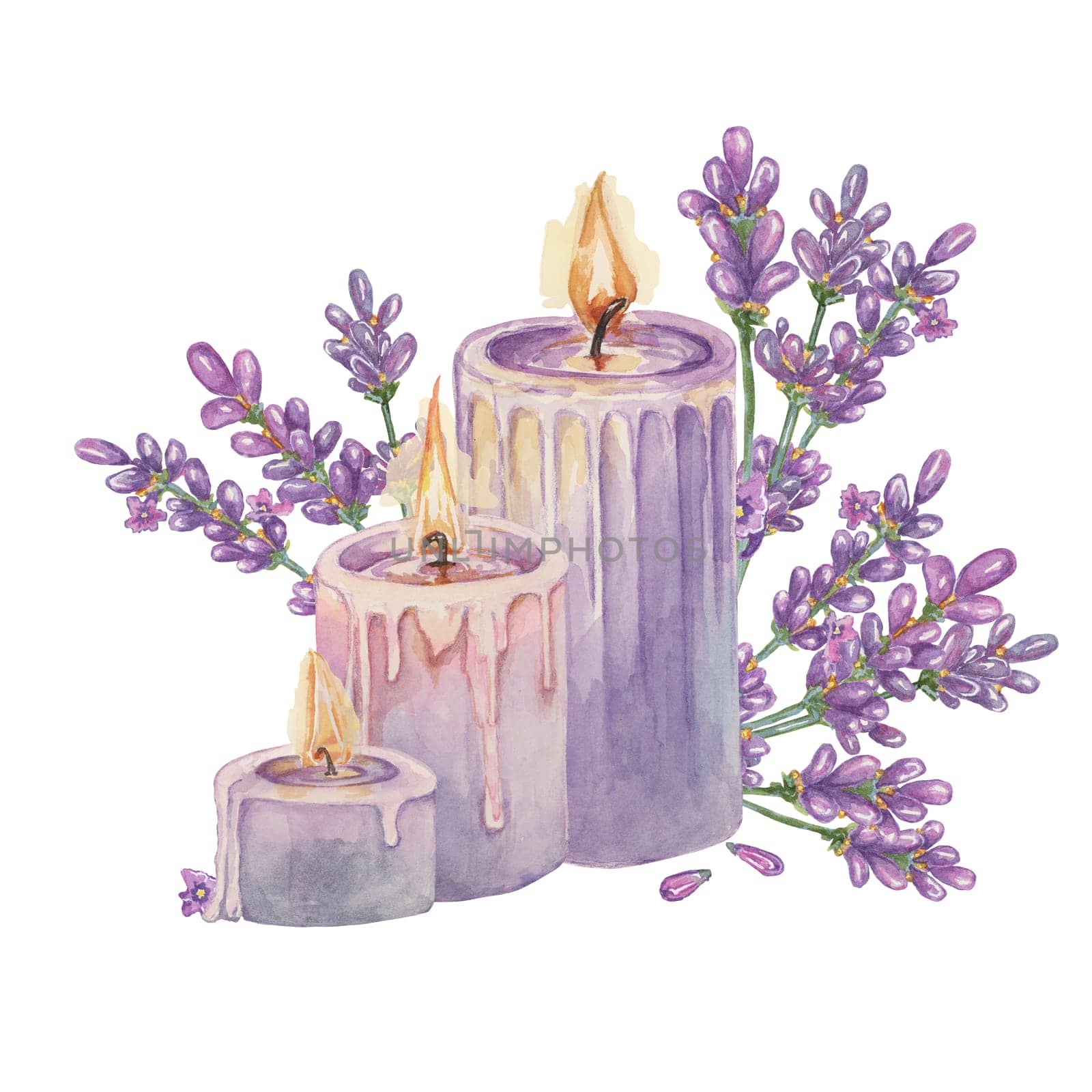 Lavender and purple wax candle for home fragrance. Home spa aromatherapy relaxing watercolor illustration. Hand drawn clipart for beauty, cosmetics, labels, organic products, wellness and packaging