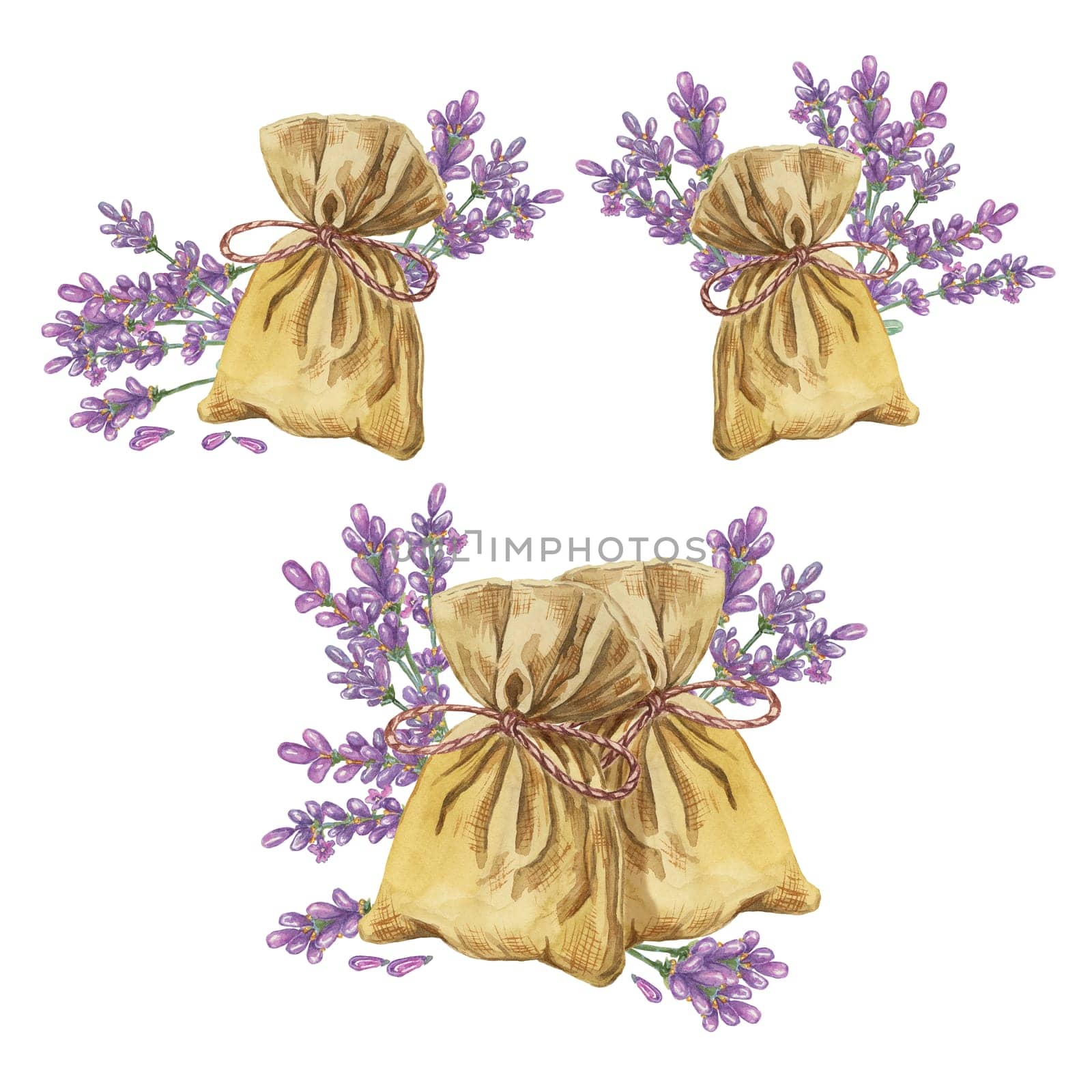 Lavender sachet set, home fragrance canvas sack. Watercolor illustration of aromatherapy bags with herbs and purple ribbon. Rustic clipart for beauty, spa, cosmetics, labels, organic products