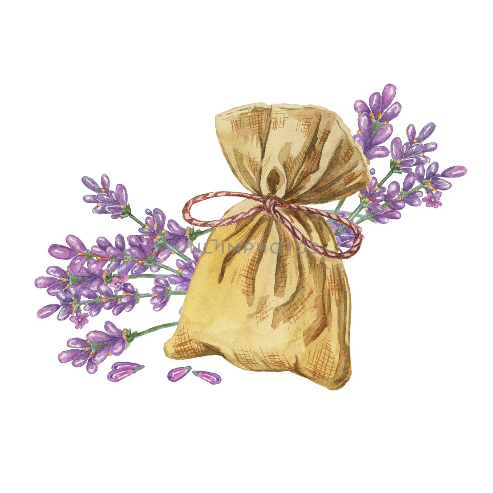 Lavender sachet, home fragrance canvas sack. Watercolor illustration of aromatherapy burlap bag with herbs and purple ribbon. Cottagecore clipart for beauty, spa, cosmetics, labels, organic products