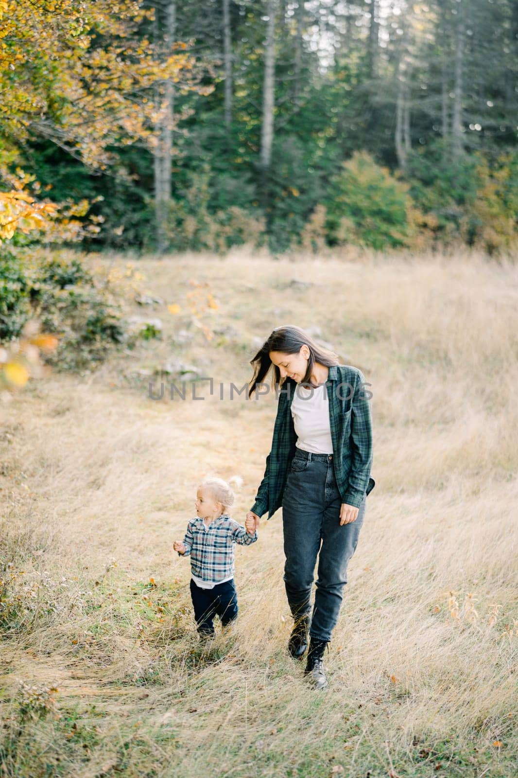 Mom leads a little girl by the hand across the lawn, looking at her with a smile. High quality photo