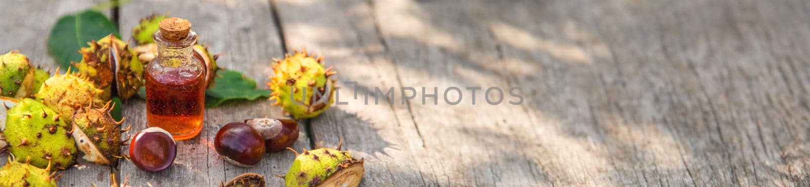 Horse chestnut extract in a bottle. selective focus. by yanadjana