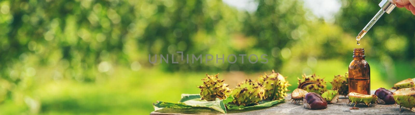 Horse chestnut extract in a bottle. selective focus. by yanadjana