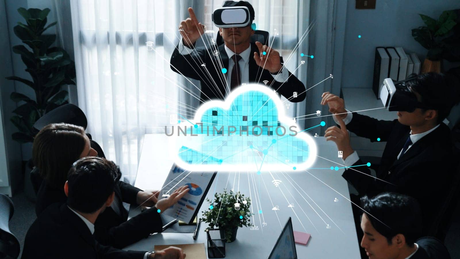 Skilled manager using VR glass to connect cloud data storage server with hologram of big data and digital screen flowing while team programing system. Cloud and security data protection. Directorate.