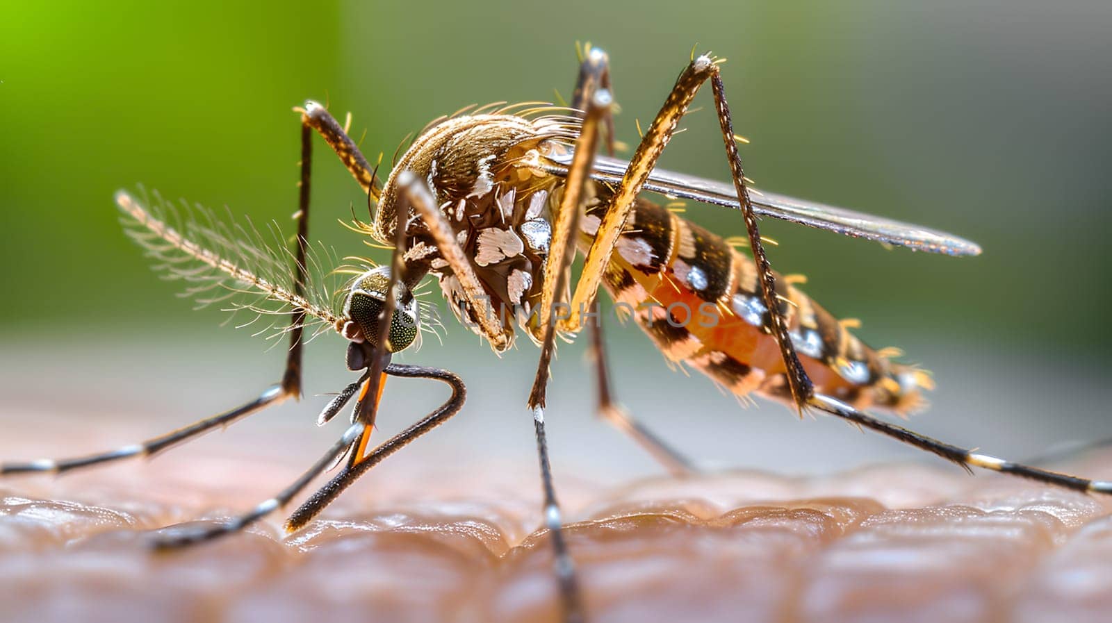 A close up of an arthropod insect, a mosquito, on a persons arm. This terrestrial animal, a parasite, feeds on blood and thrives near water sources, making it a common pest for humans