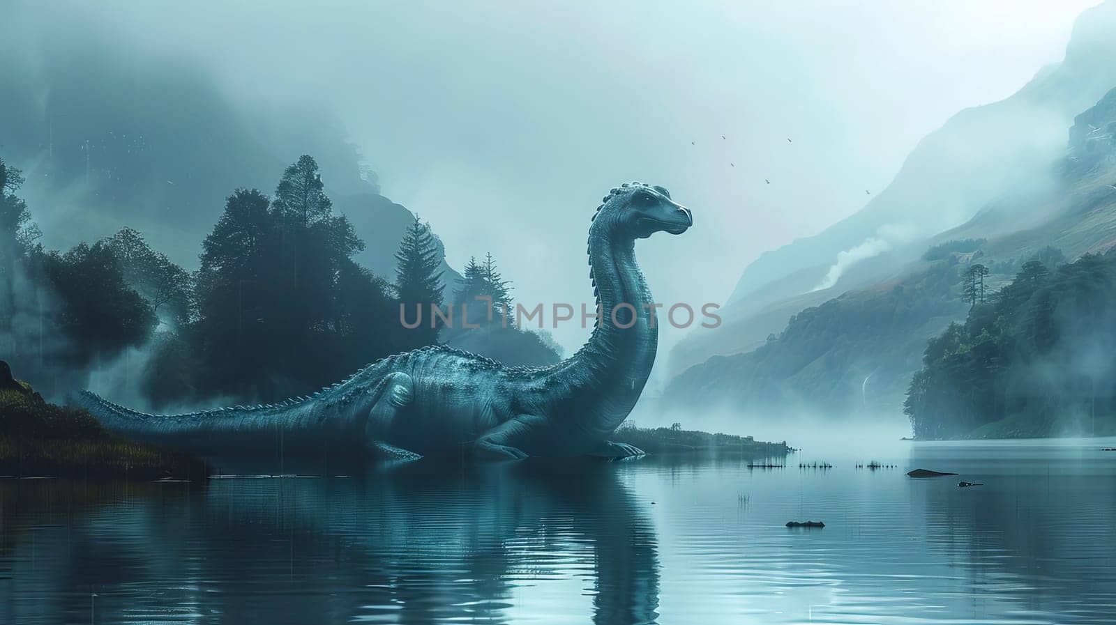 Cartoon Loch Ness monster swimming on a lake. AI generated. by OlgaGubskaya