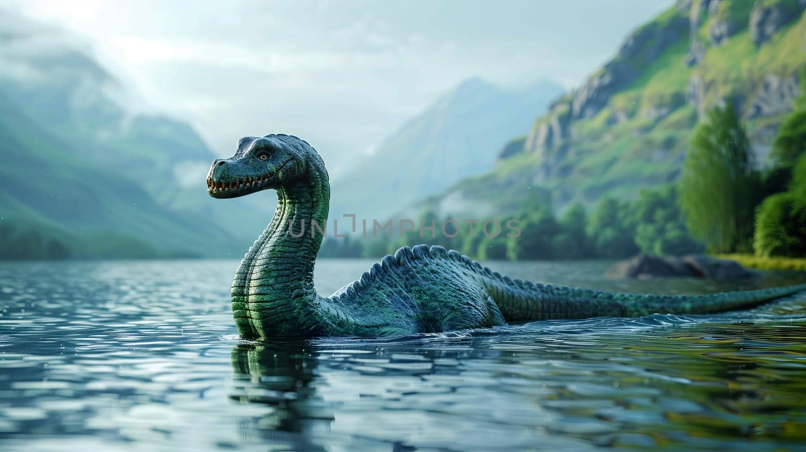 Close-up of a cartoon cute mystical Loch Ness monster swimming on a lake, sticking its long neck out of the water, against the backdrop of a Scottish landscape. AI generated.