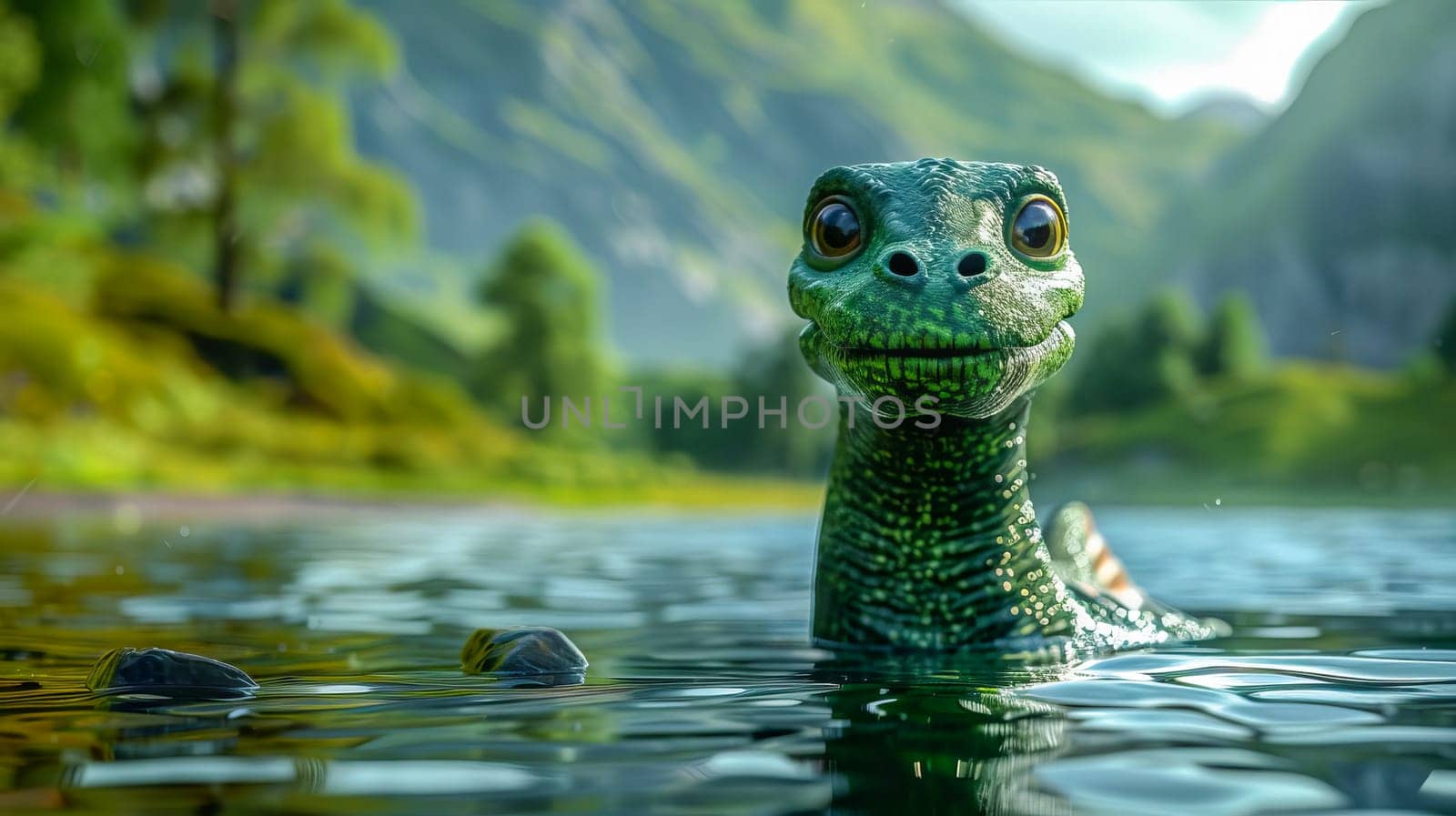 Cartoon Loch Ness monster swimming on a lake. AI generated. by OlgaGubskaya