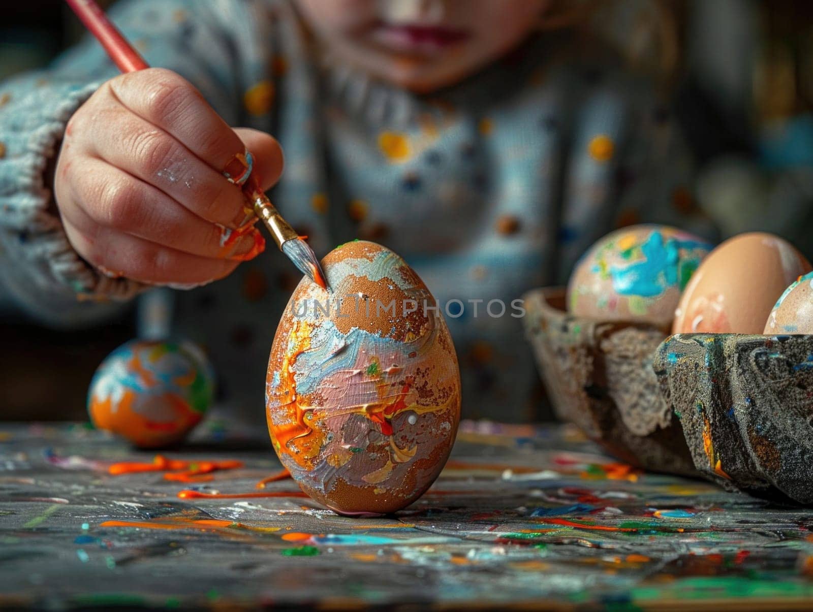 A little girl is meticulously painting an egg with a brush in preparation for Easter celebrations.