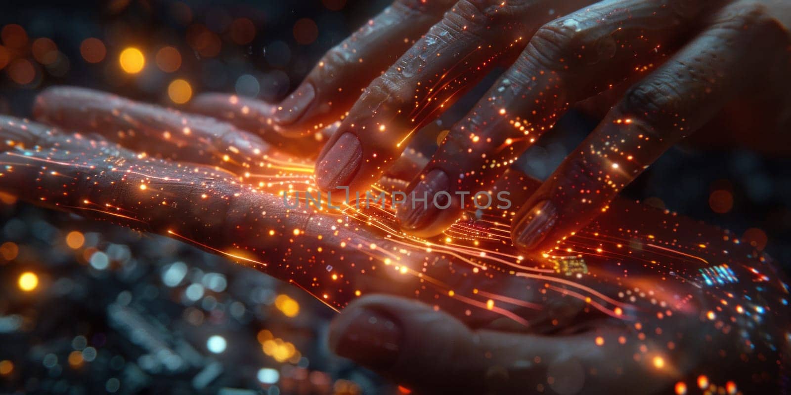 Human hands holding a luminous technological device.