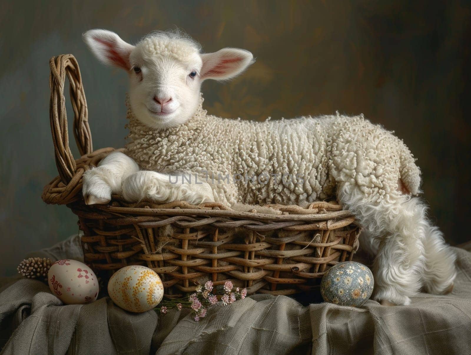 Sheep Resting in Basket With Easter Eggs by but_photo