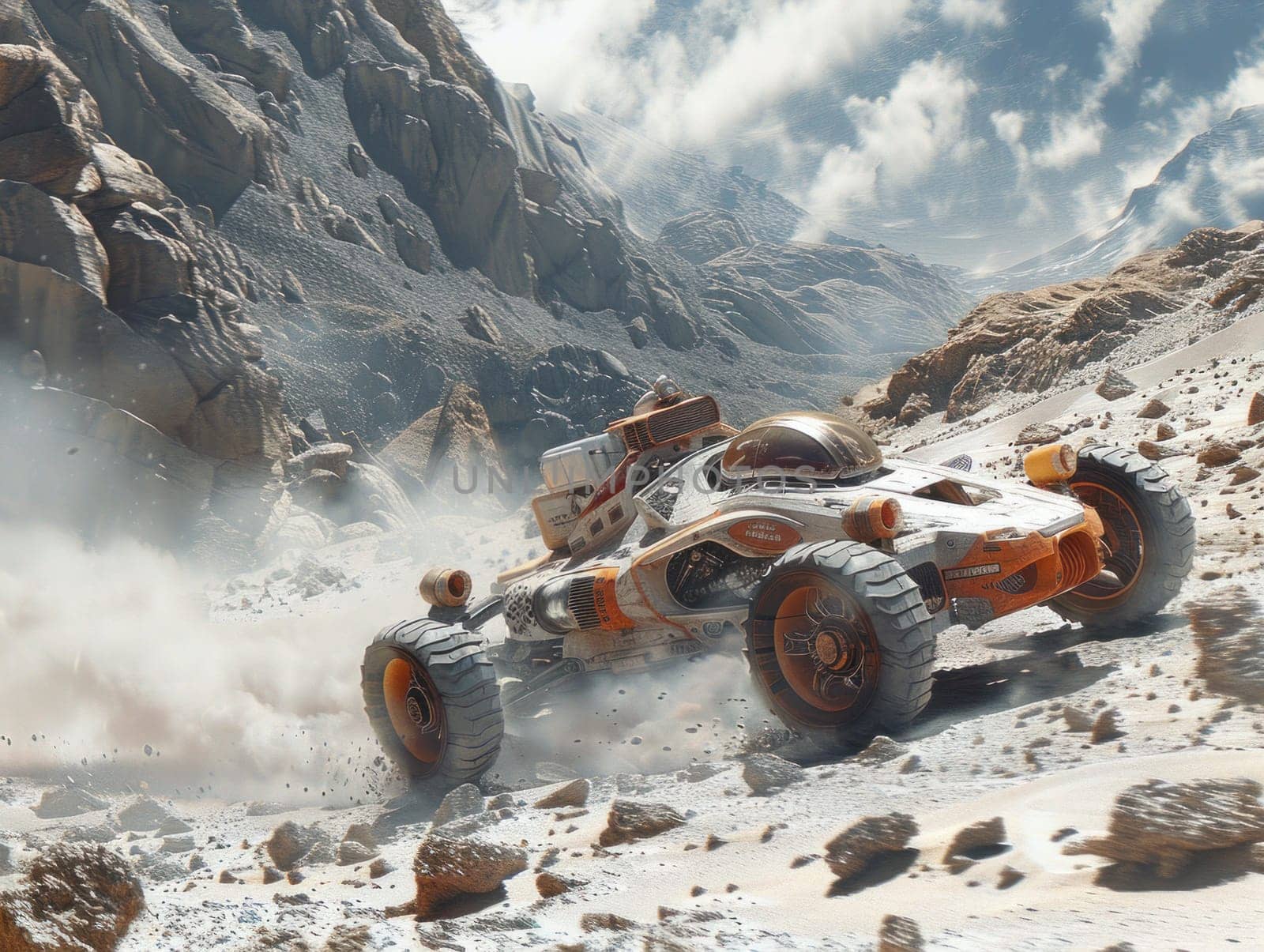 An electric car in orange and white colors driving through mountainous terrain.