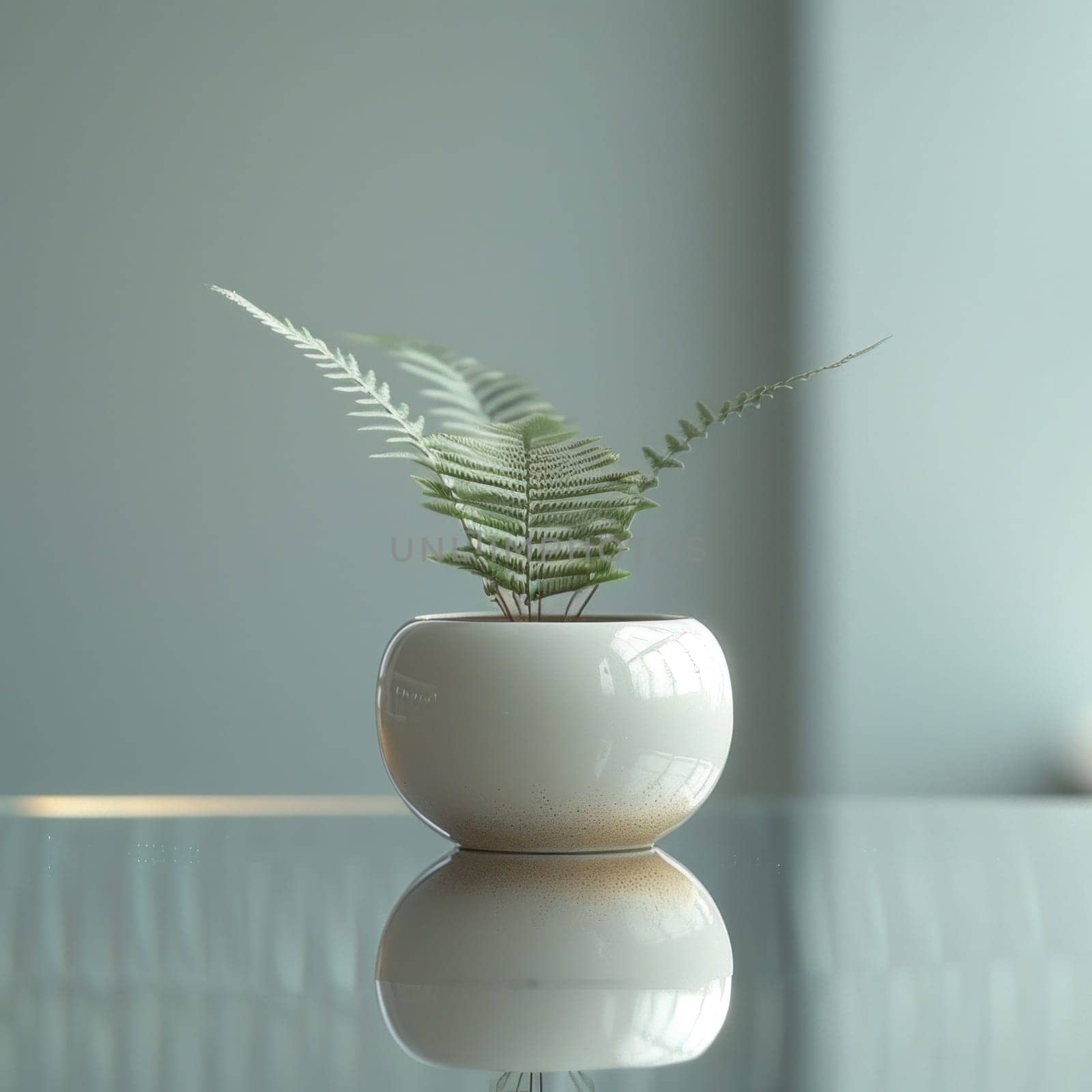 A plant is placed in a white vase on a glass table in an interior setting.