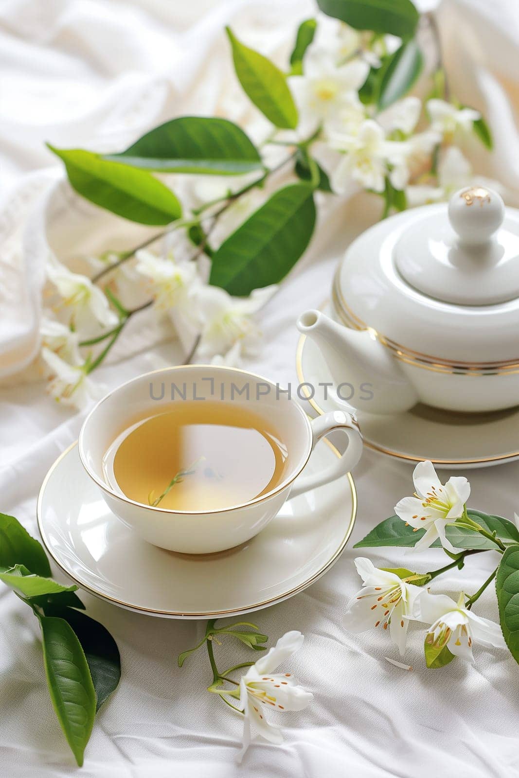 A cup filled with tea sits beside a teapot and saucer on a table, ready for pouring. The setting is simple and inviting.