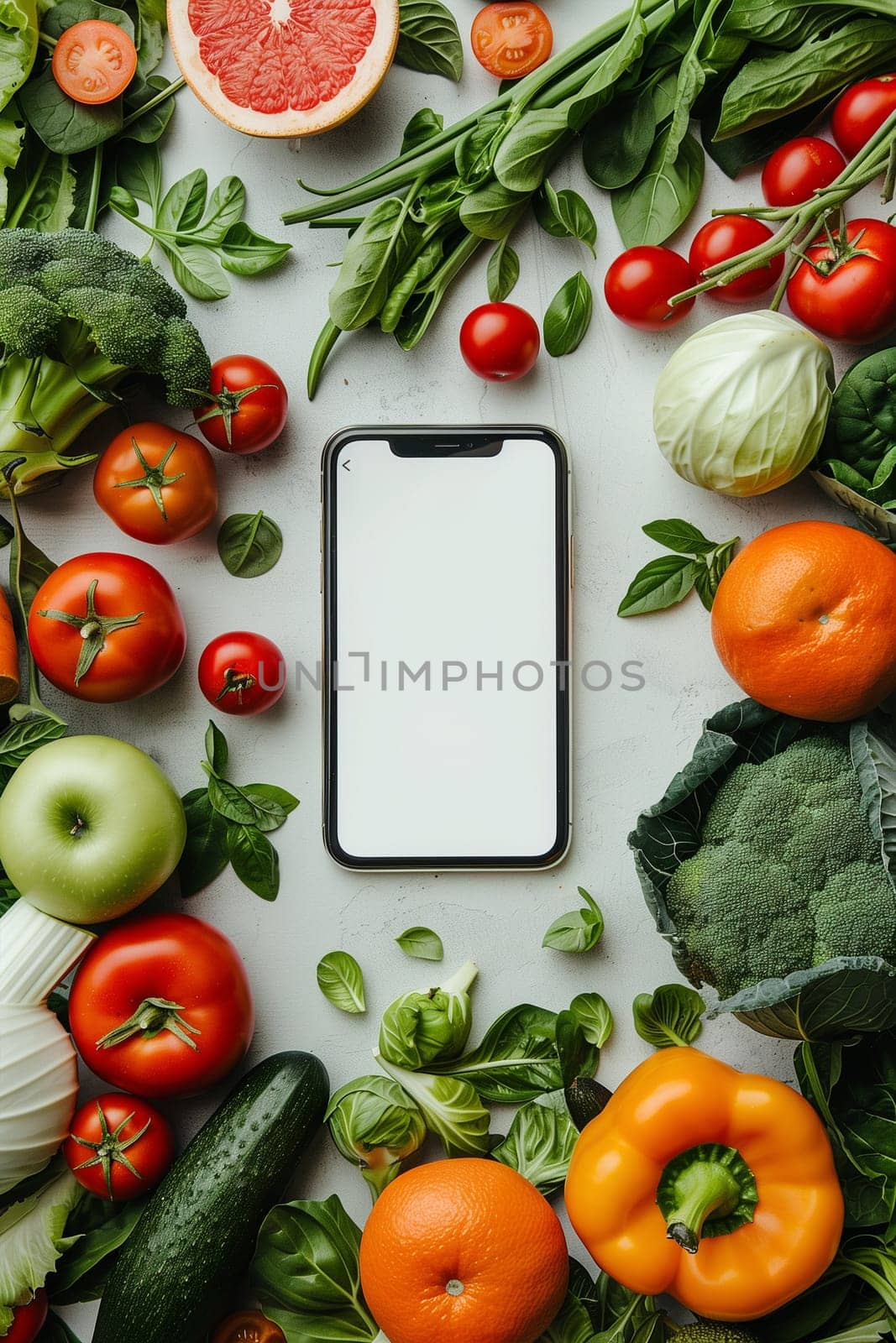 A cell phone placed amidst a variety of fresh vegetables and fruits, showcasing technology in harmony with natures bounty.