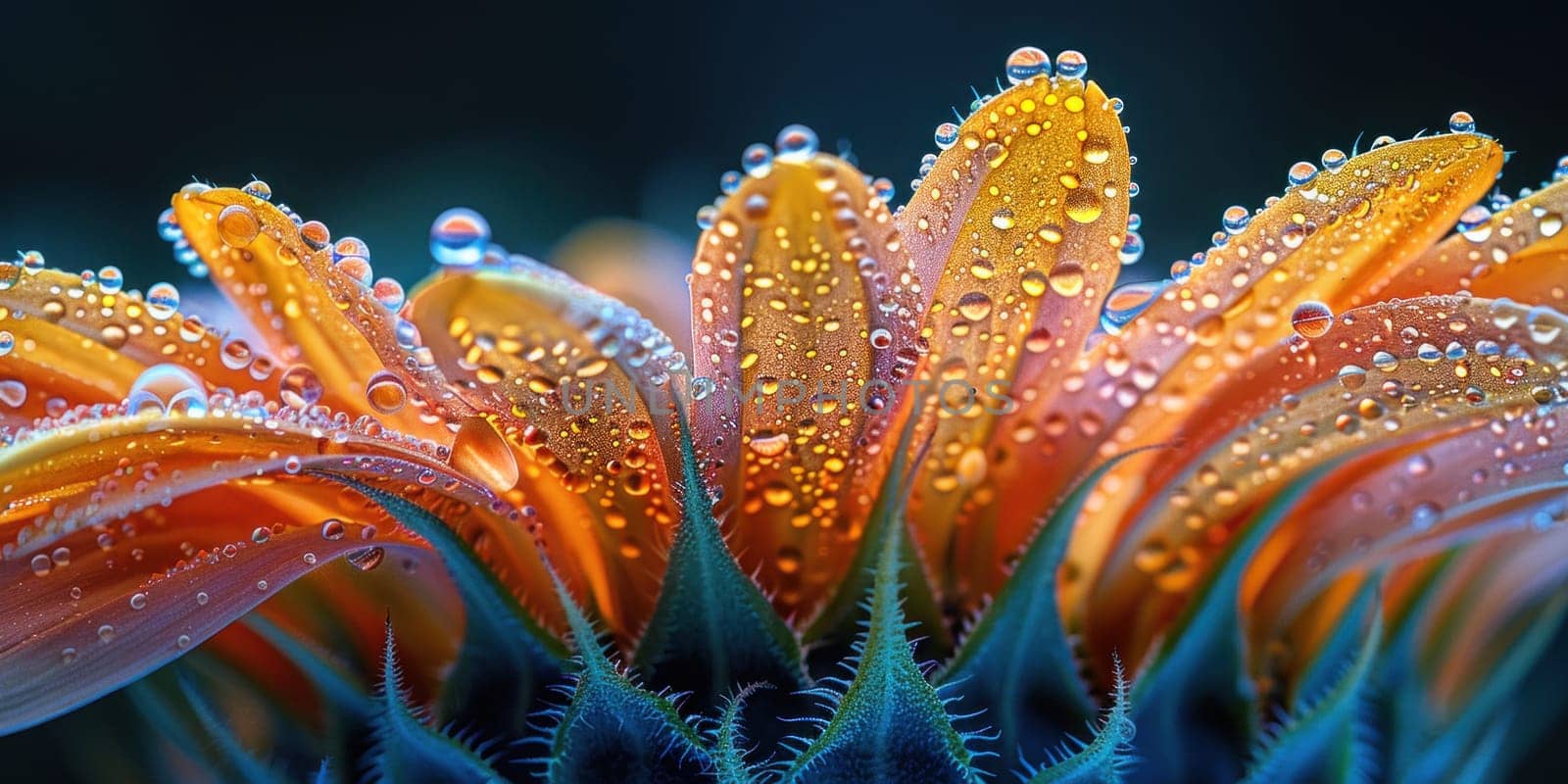 Detailed view of a flower covered in water droplets.