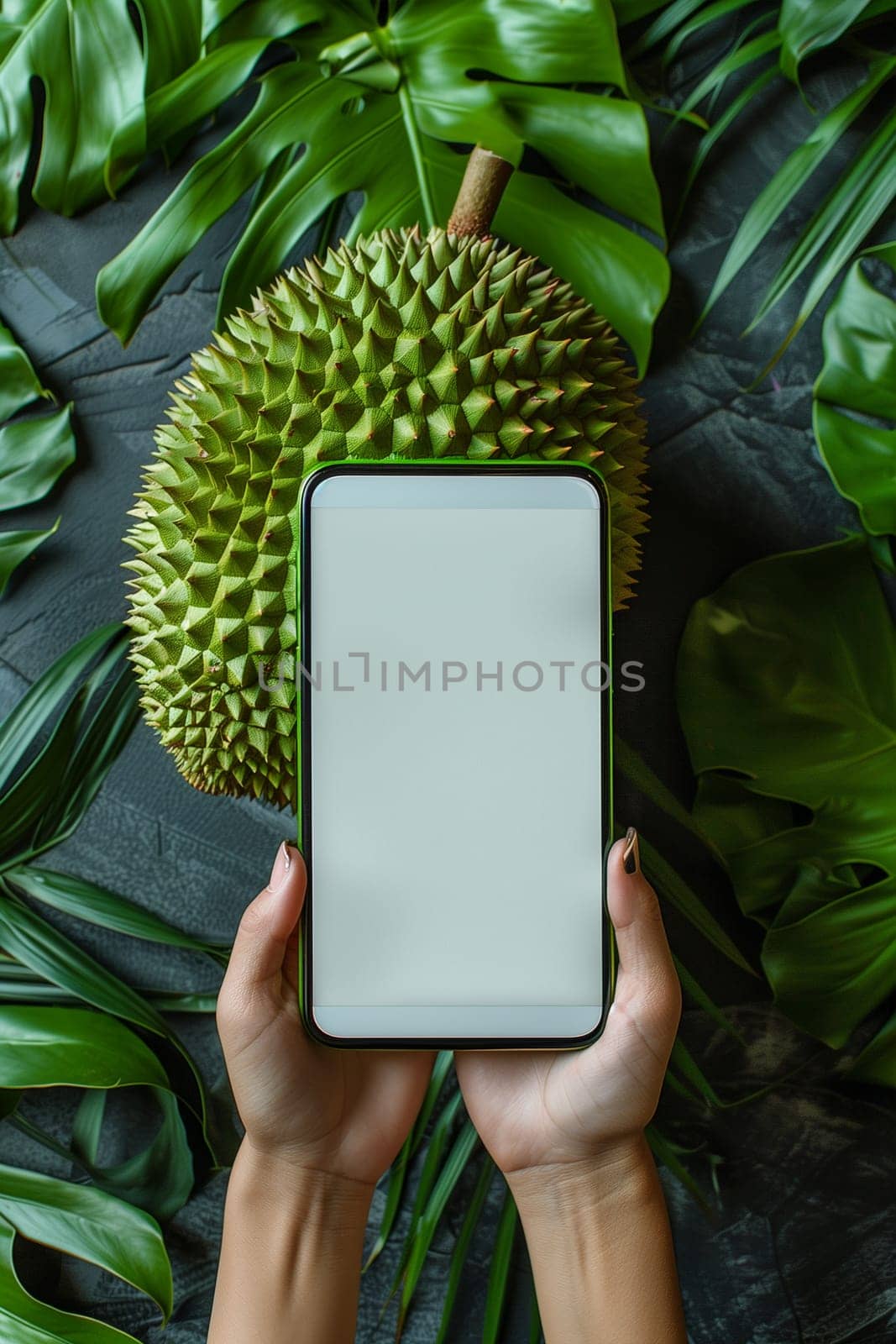 A person standing and holding a smartphone with a durian fruit displayed on the screen.