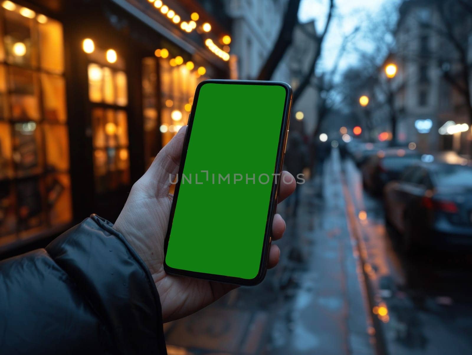 A person holding a phone with a green screen, displaying a blank interface.