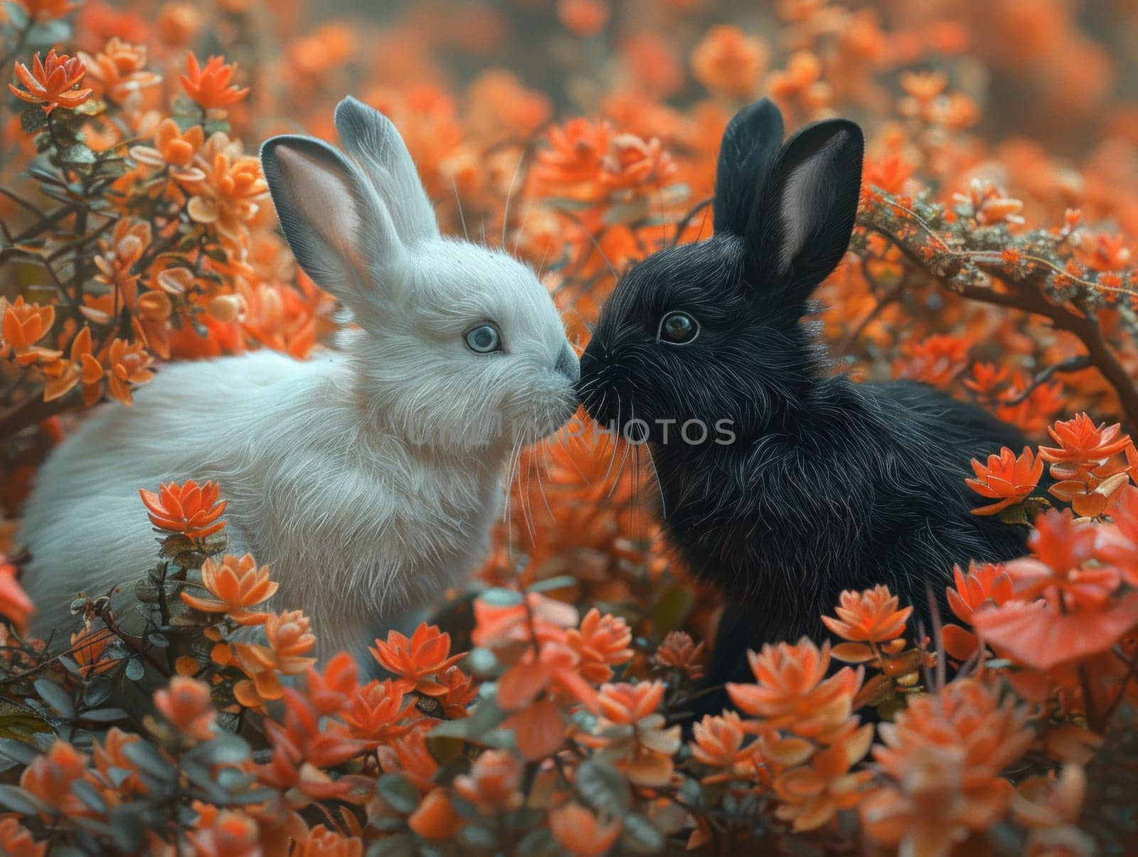 Two Black and White Rabbits Among Orange Flowers by but_photo
