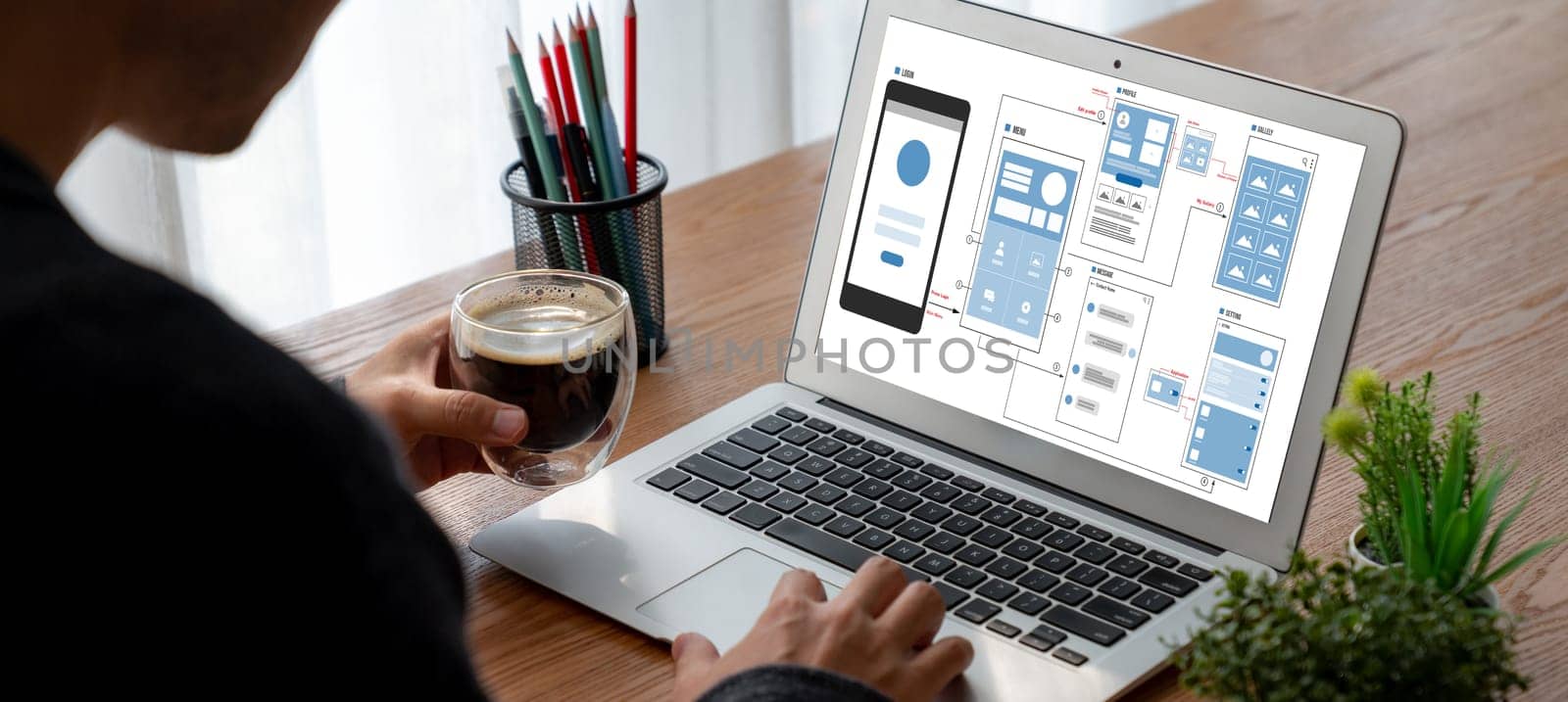 UX UI design process for modish mobile application and website . Creative prototype of wireframe for professional app developer .