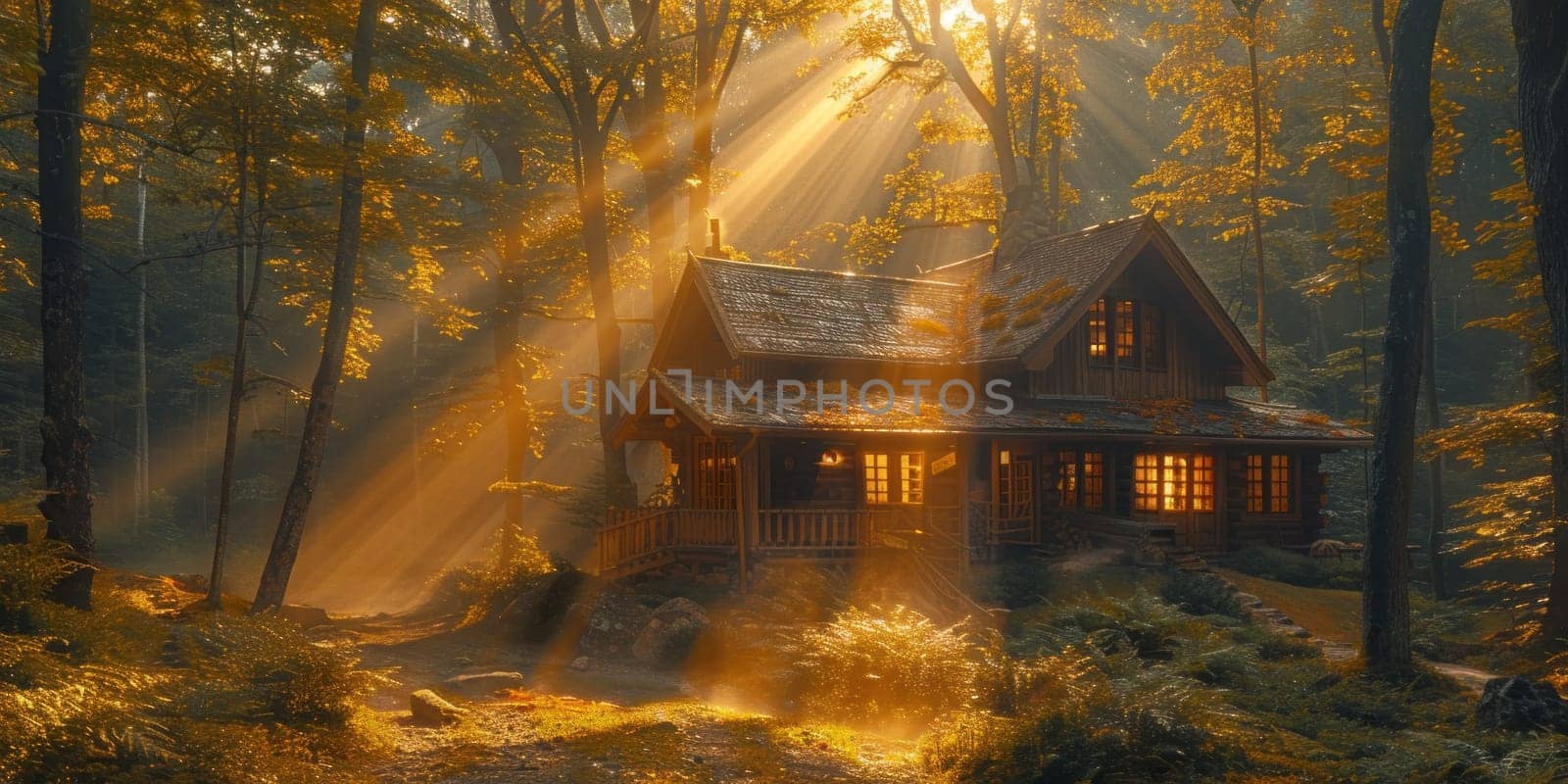 Cabin in the Woods With Sunlight Peeking Through Trees by but_photo