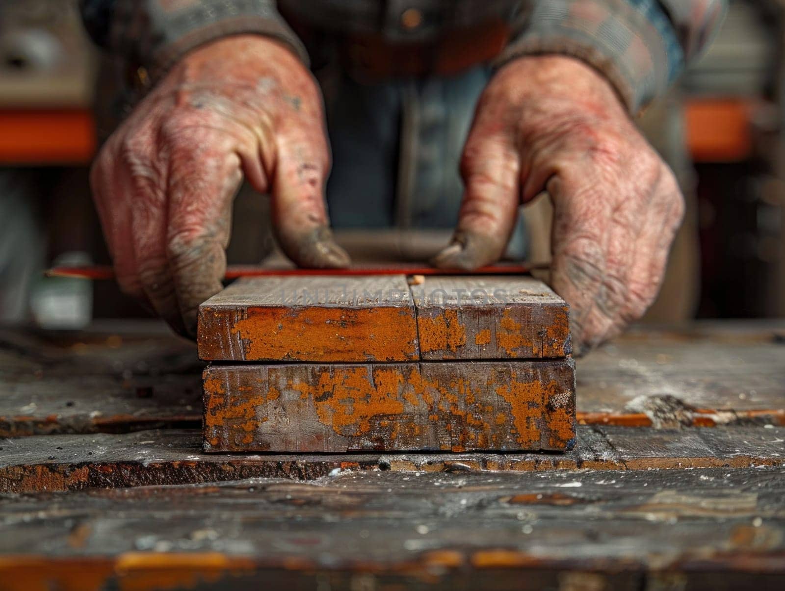 A person with dirty hands is actively working on shaping a piece of wood.